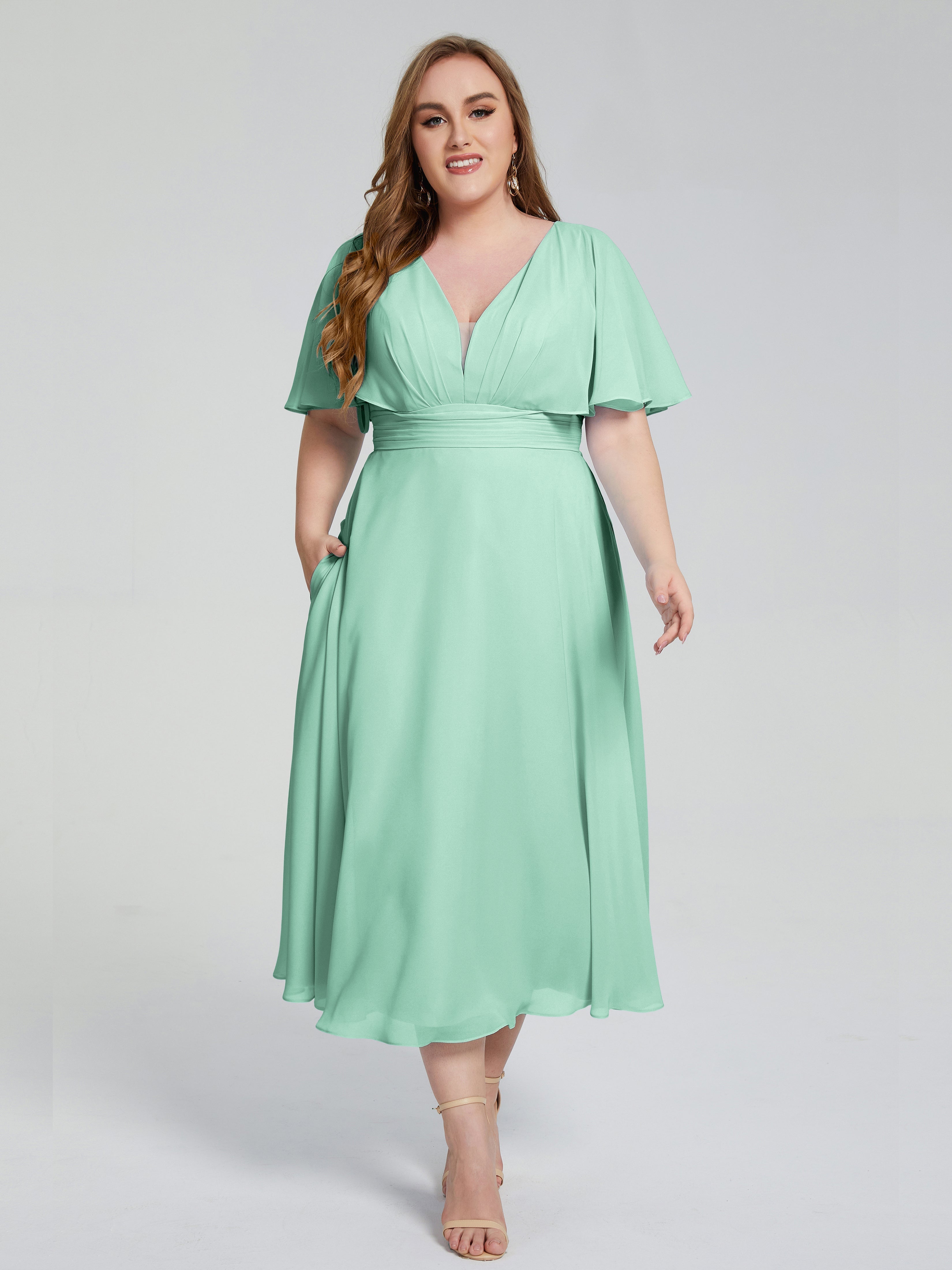 Lucia V-neck Plus Size Bridesmaid Dresses with Sleeves