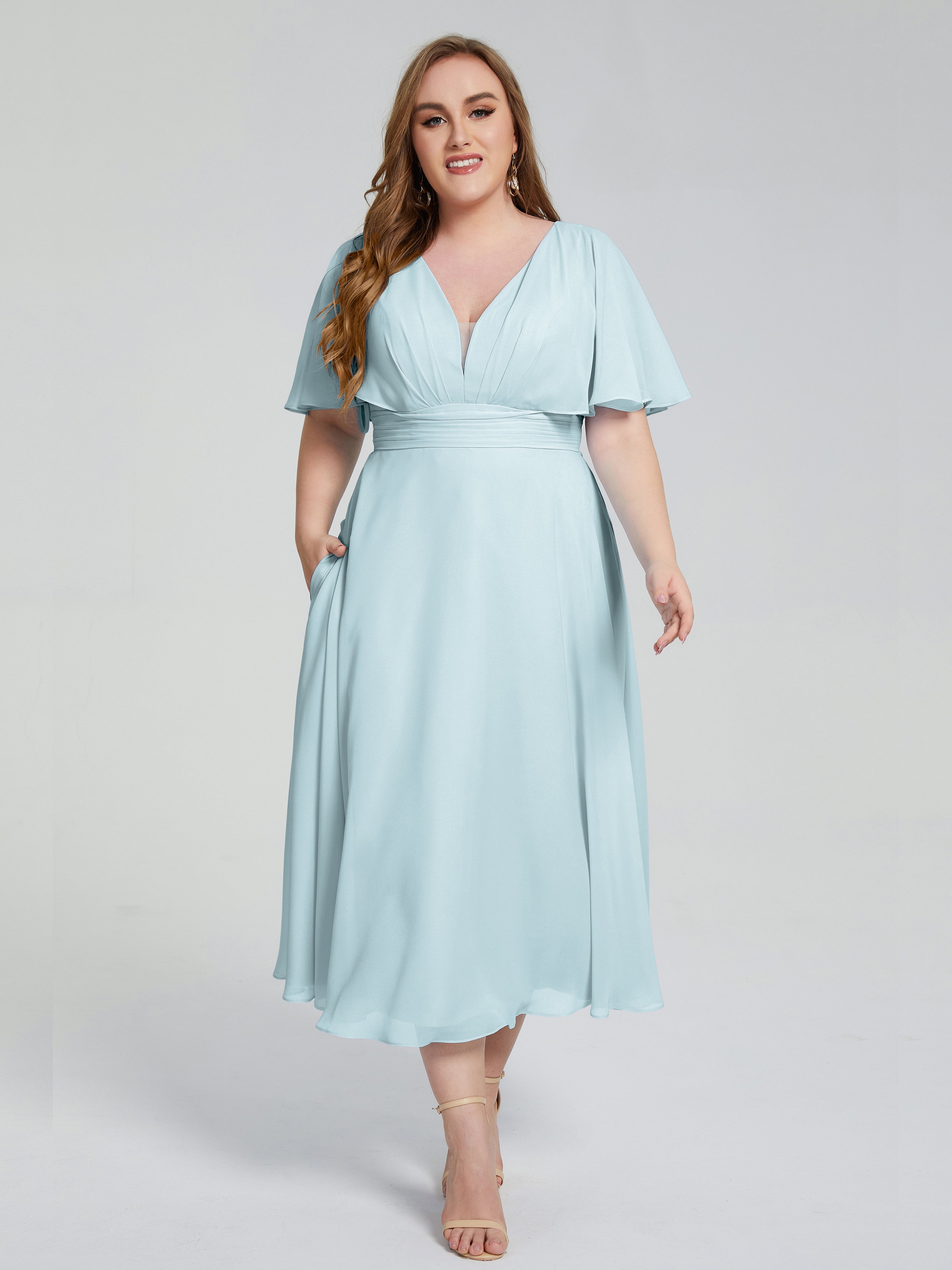 Lucia V-neck Plus Size Bridesmaid Dresses with Sleeves