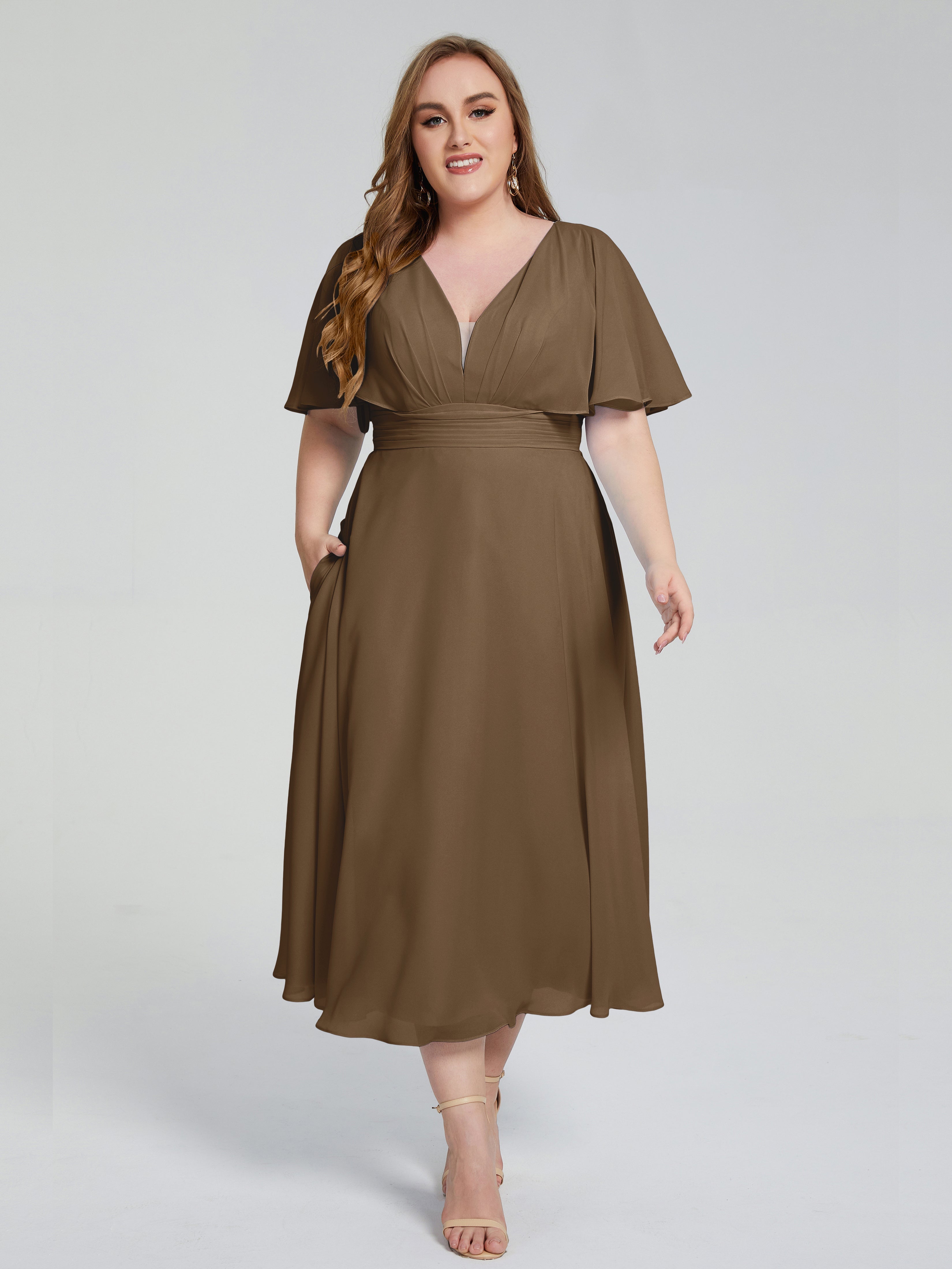 Lucia V-neck Plus Size Bridesmaid Dresses with Sleeves