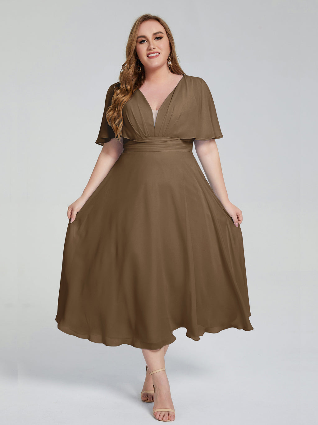Lucia V-neck Plus Size Bridesmaid Dresses with Sleeves