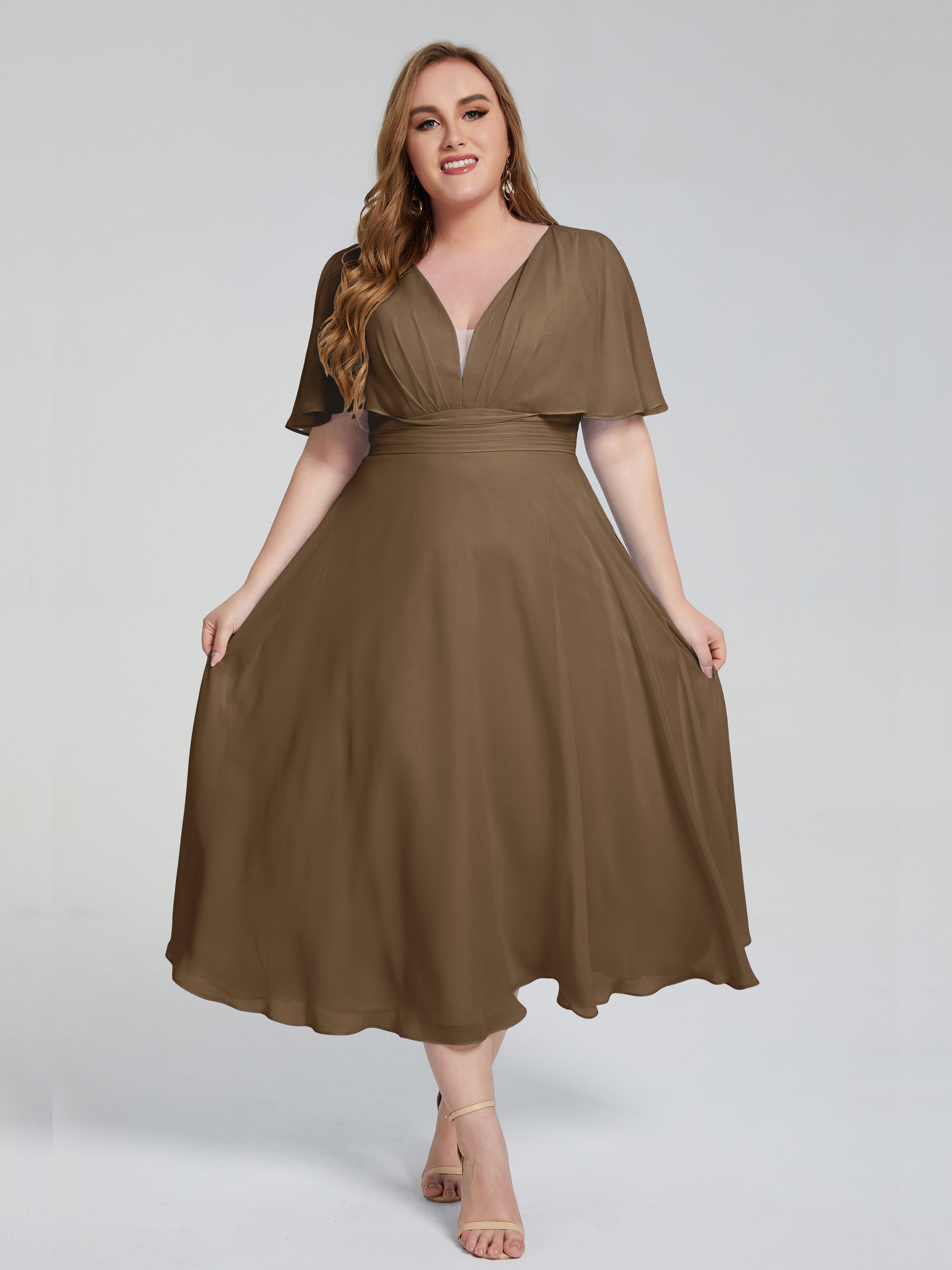 Lucia V-neck Plus Size Bridesmaid Dresses with Sleeves