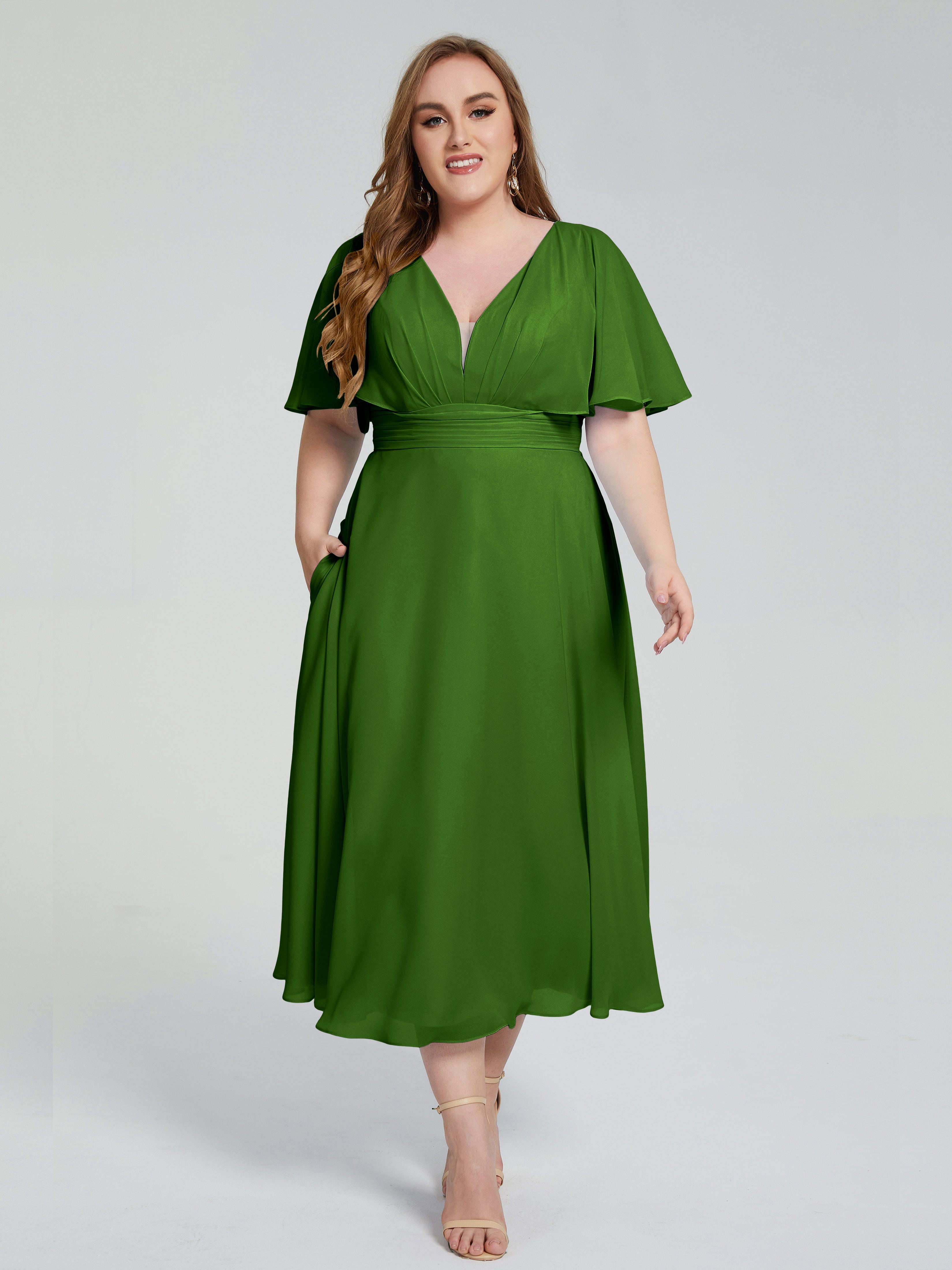 Lucia V-neck Plus Size Bridesmaid Dresses with Sleeves