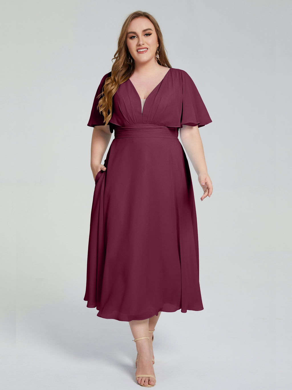 Lucia V-neck Plus Size Bridesmaid Dresses with Sleeves
