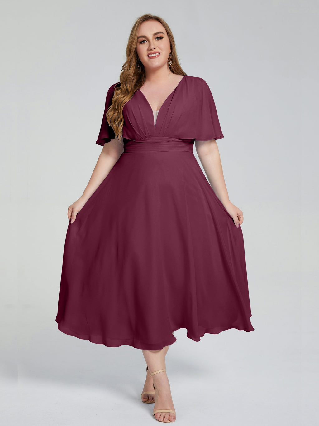 Lucia V-neck Plus Size Bridesmaid Dresses with Sleeves