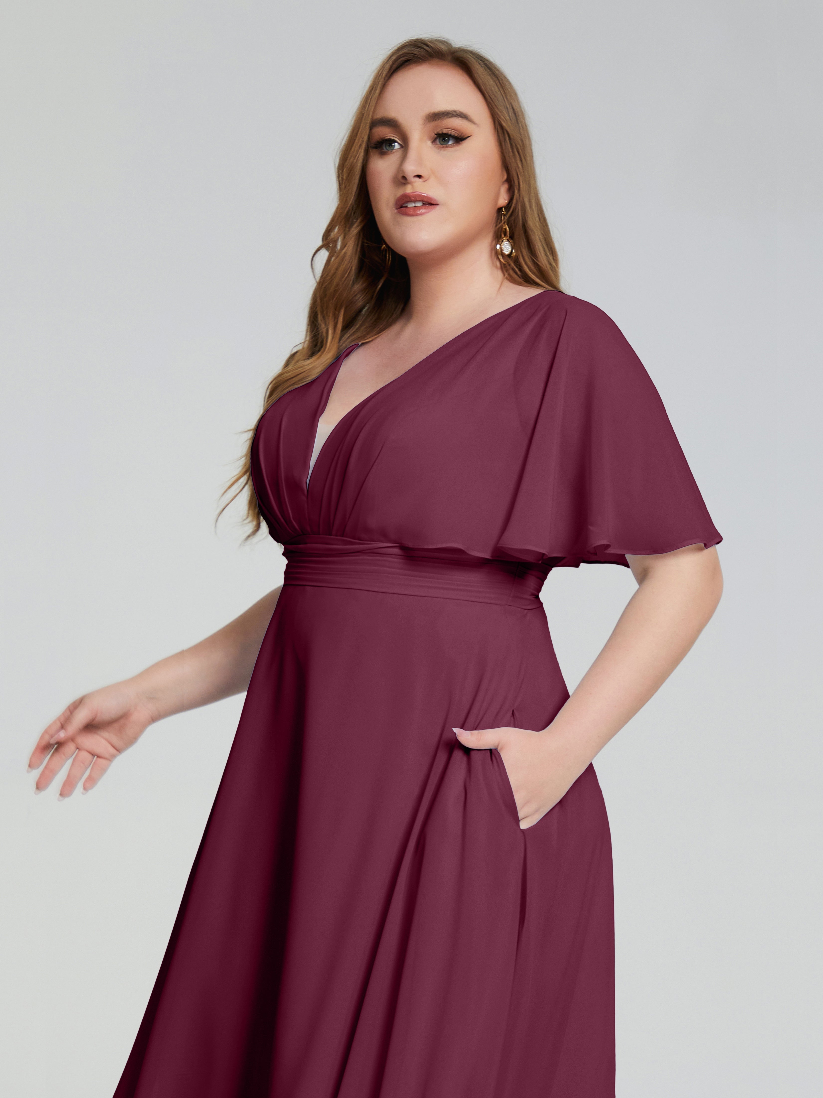 Lucia V-neck Plus Size Bridesmaid Dresses with Sleeves