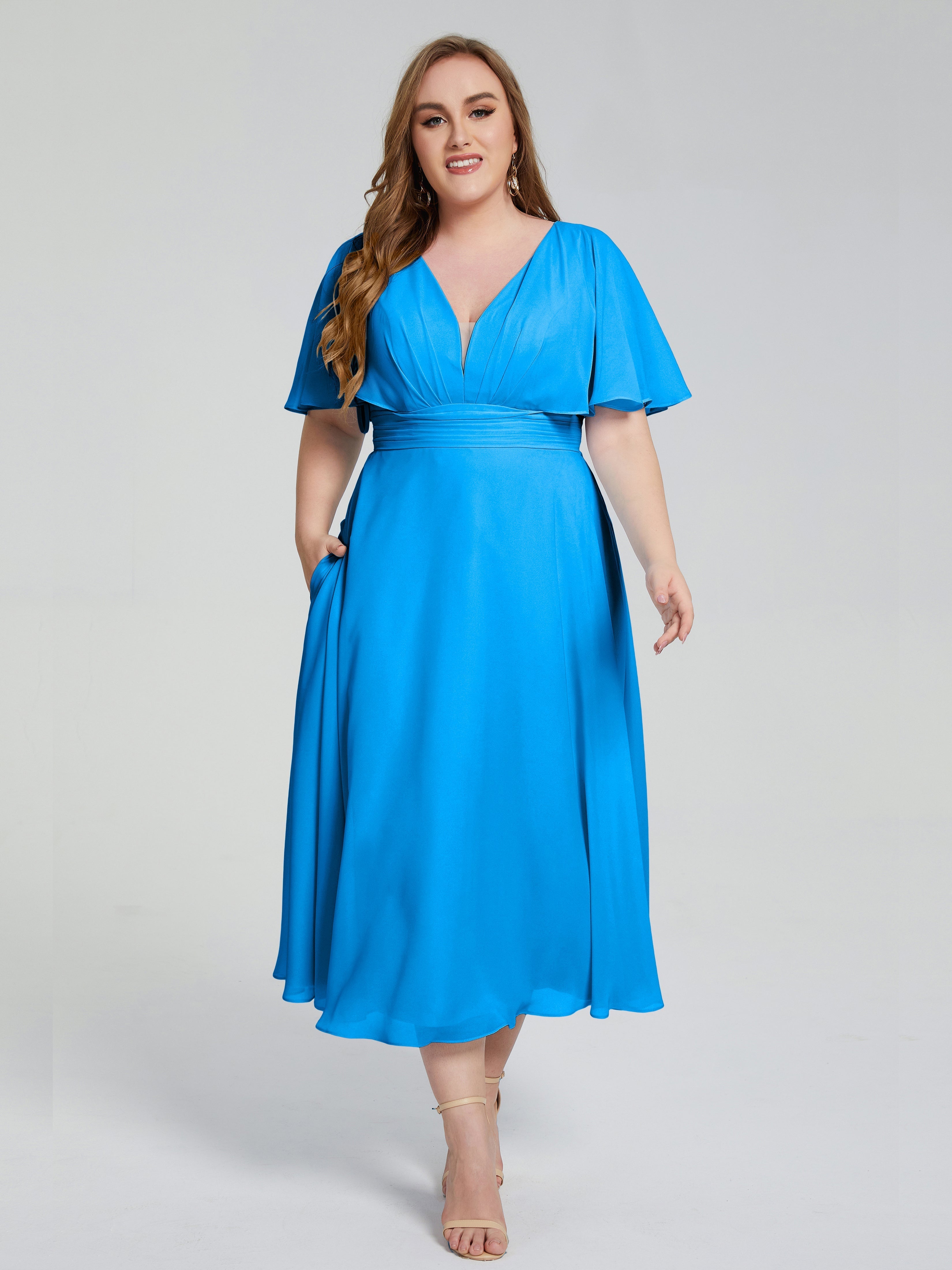 Lucia V-neck Plus Size Bridesmaid Dresses with Sleeves
