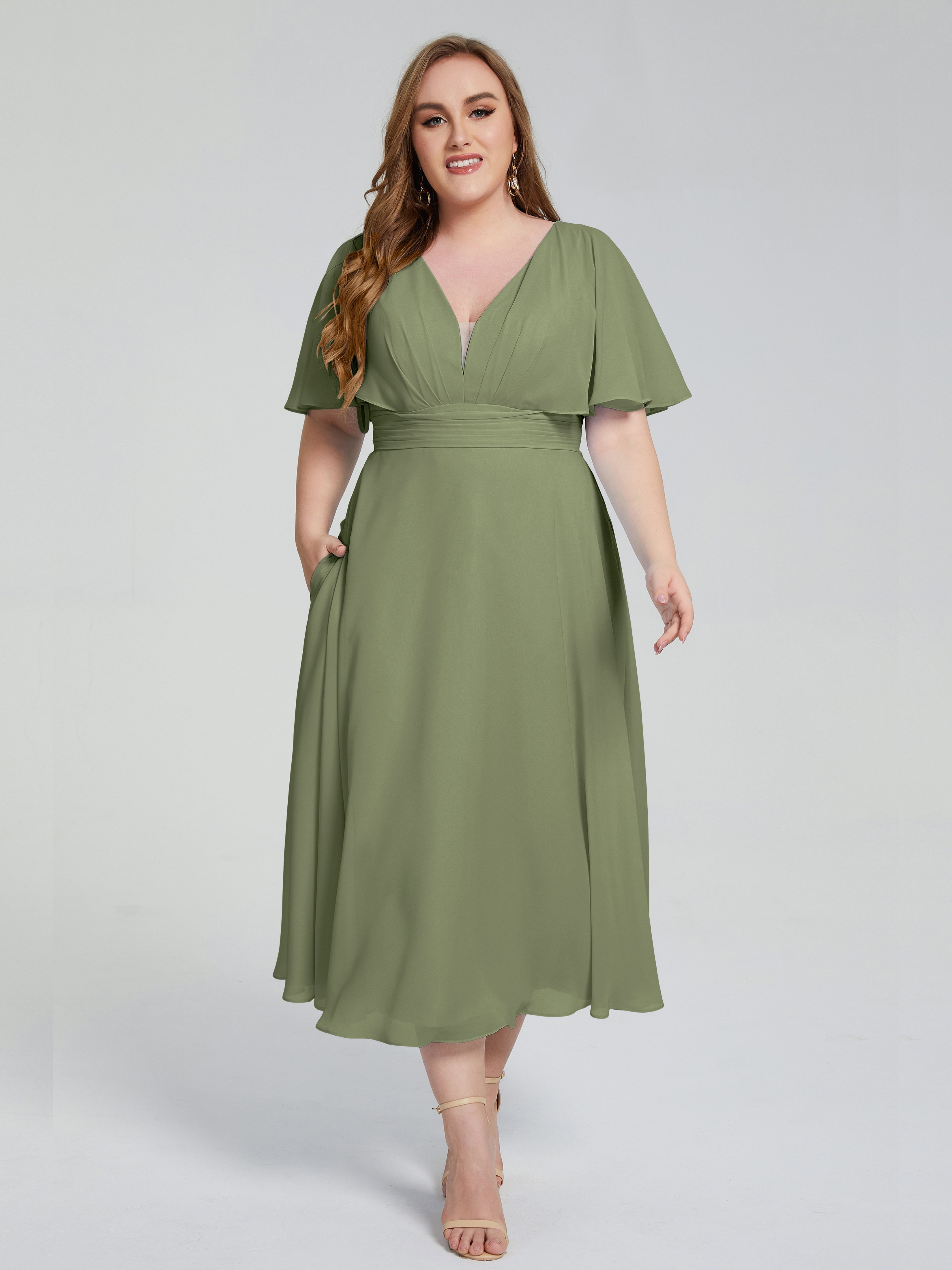Lucia V-neck Plus Size Bridesmaid Dresses with Sleeves