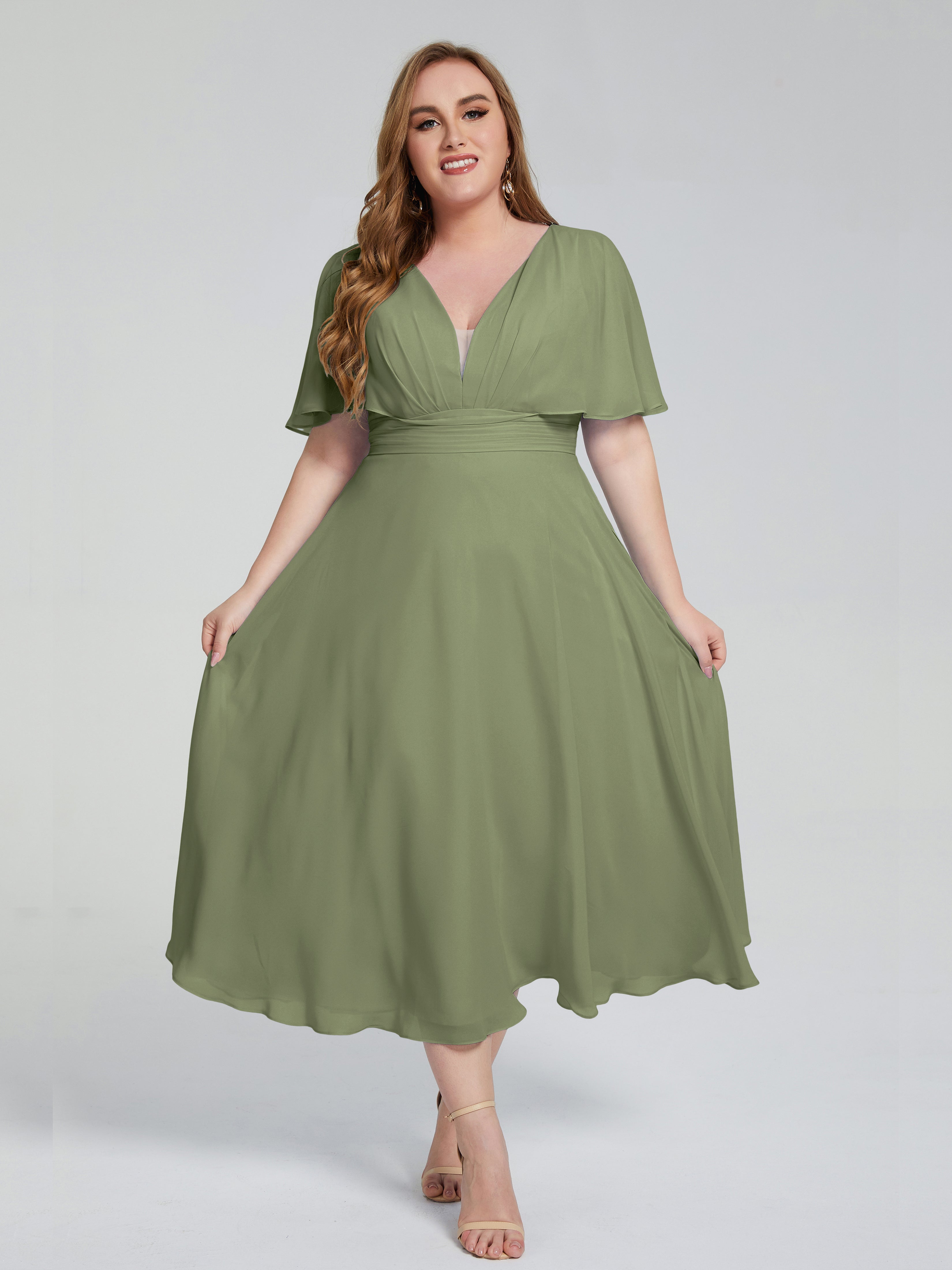 Lucia V-neck Plus Size Bridesmaid Dresses with Sleeves