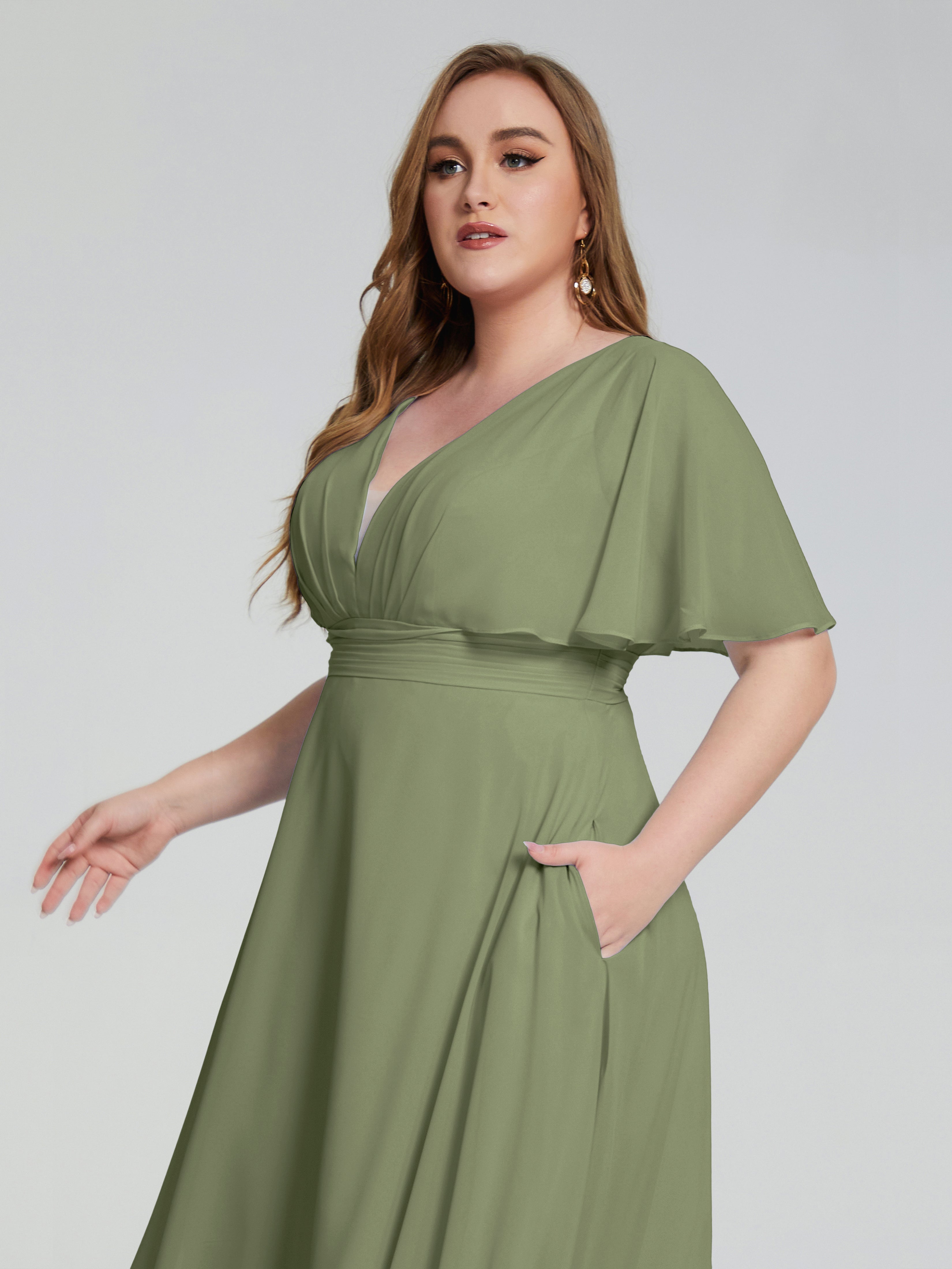 Lucia V-neck Plus Size Bridesmaid Dresses with Sleeves