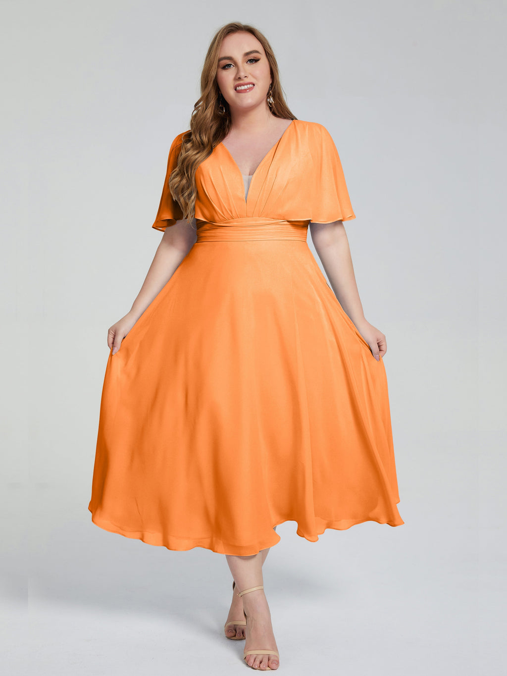 Lucia V-neck Plus Size Bridesmaid Dresses with Sleeves