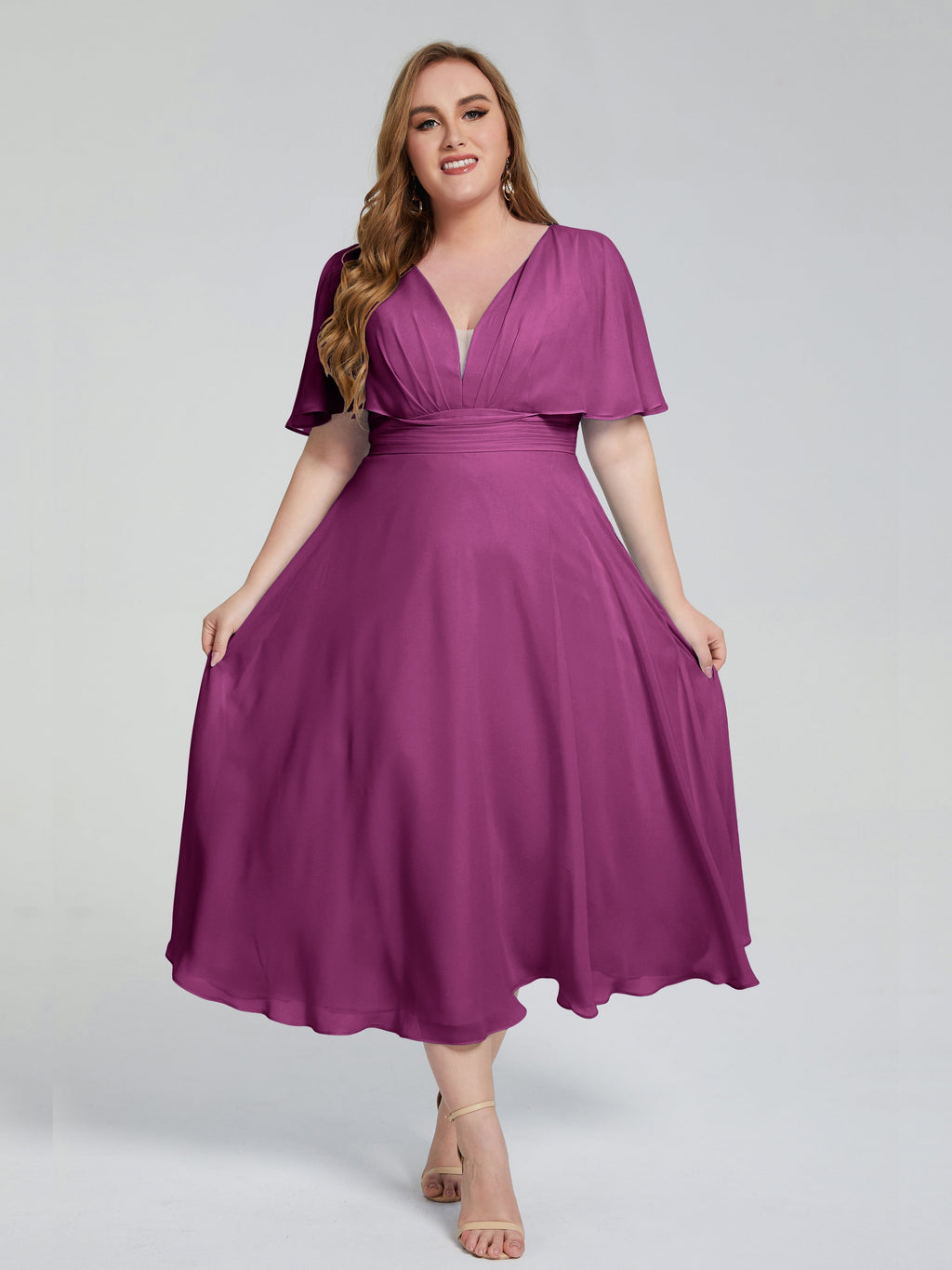 Lucia V-neck Plus Size Bridesmaid Dresses with Sleeves