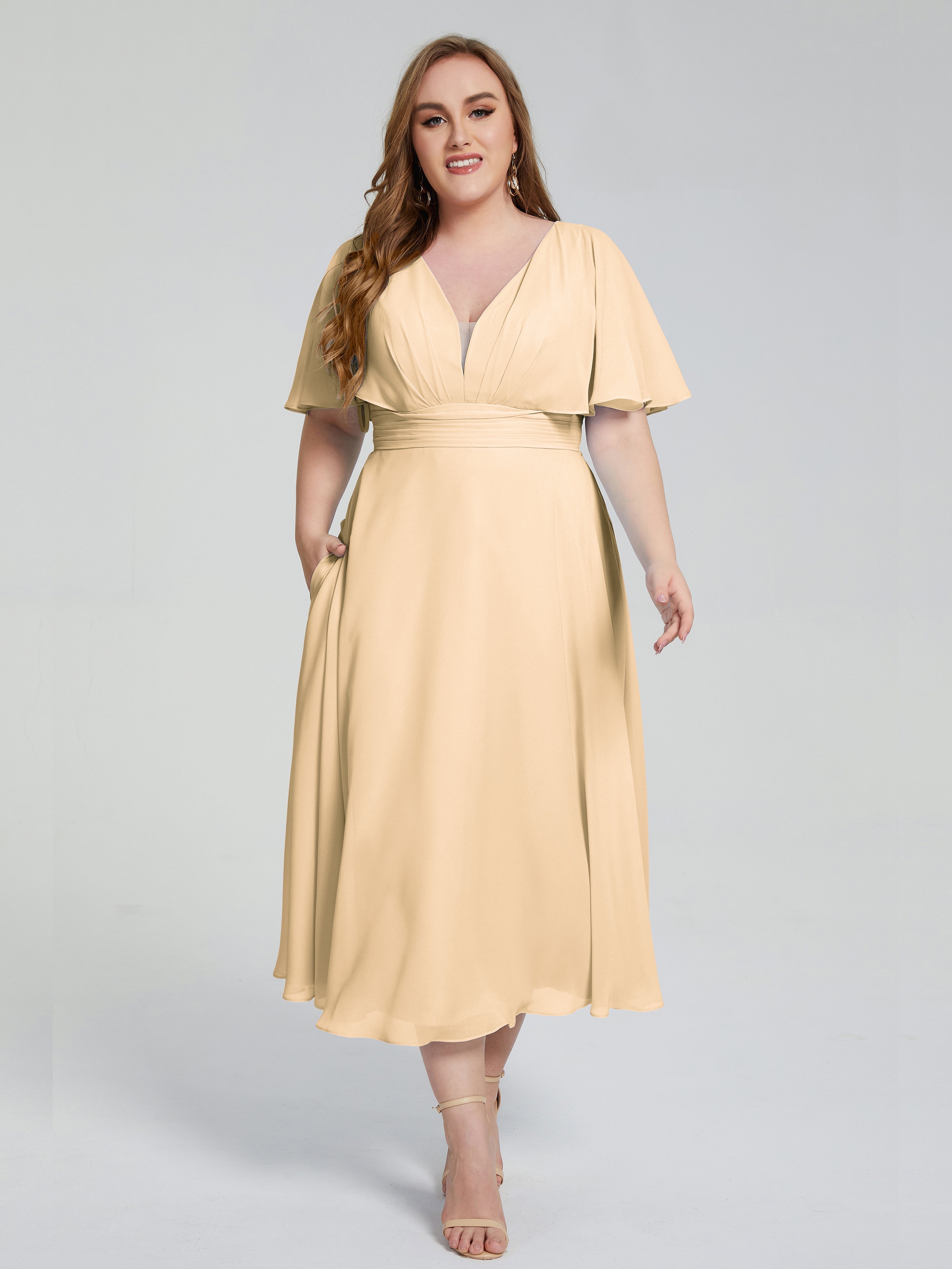 Lucia V-neck Plus Size Bridesmaid Dresses with Sleeves