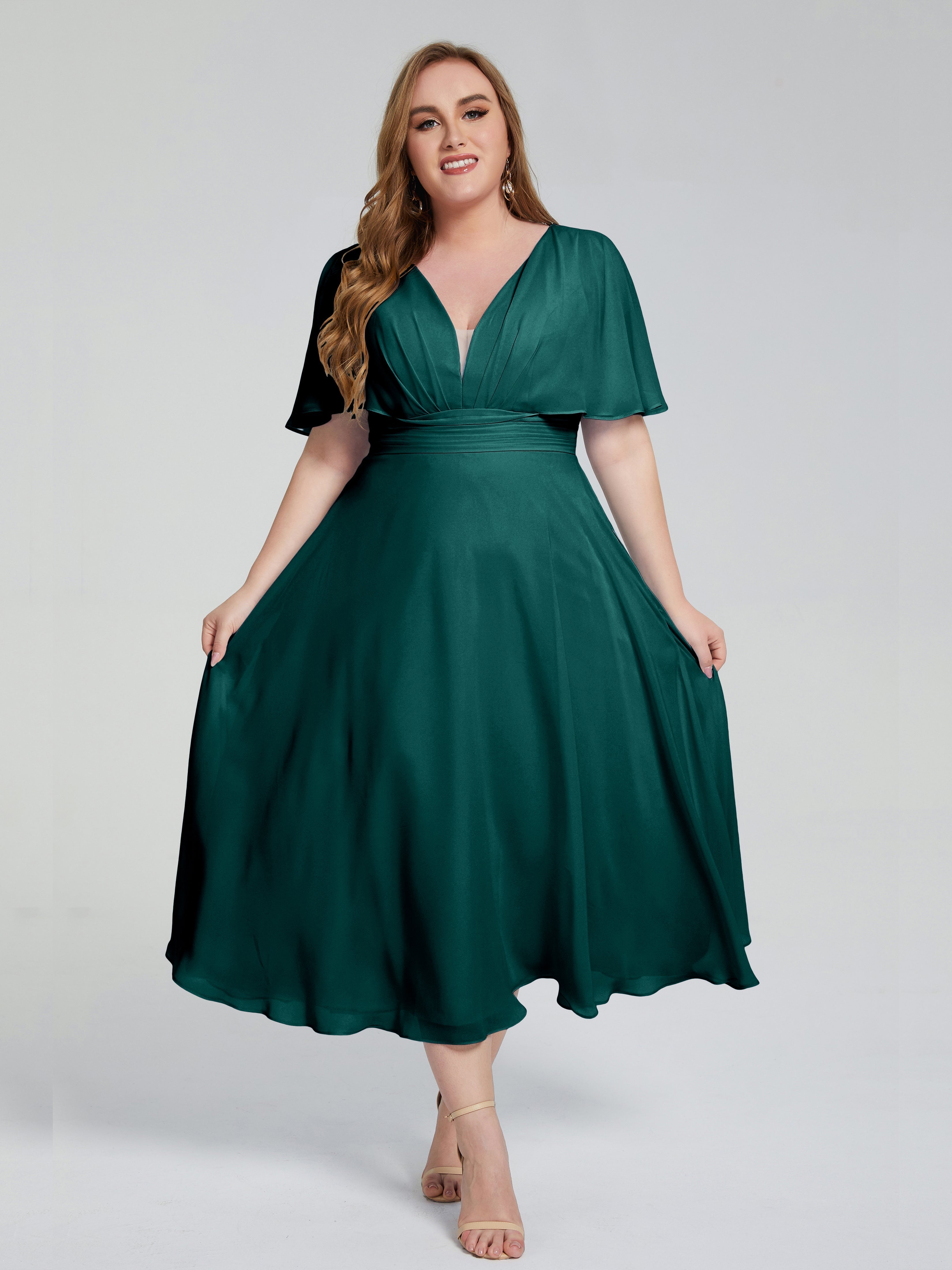 Lucia V-neck Plus Size Bridesmaid Dresses with Sleeves