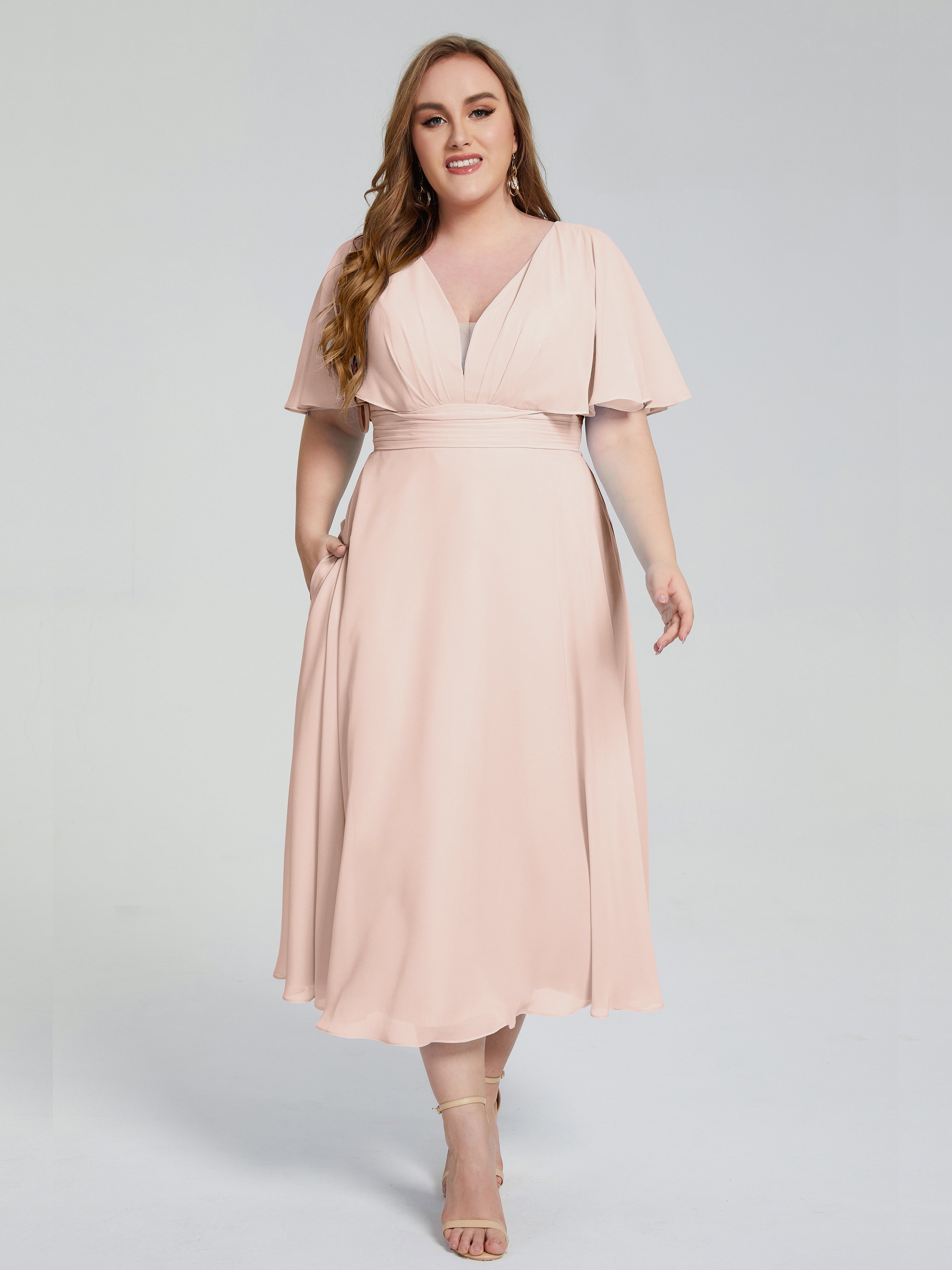 Lucia V-neck Plus Size Bridesmaid Dresses with Sleeves