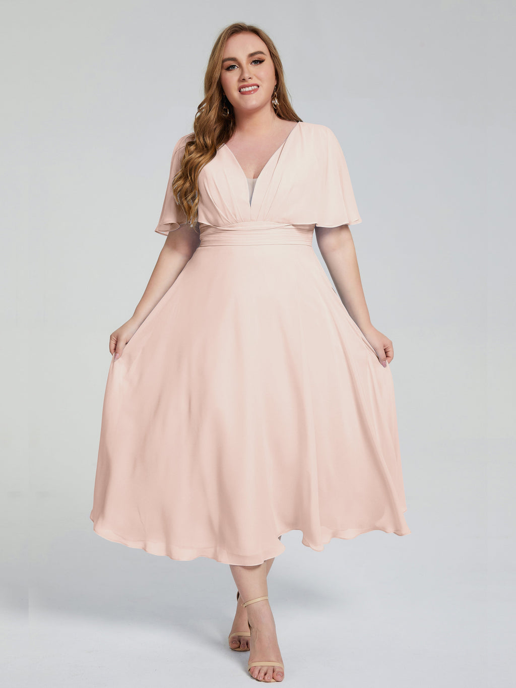 Lucia V-neck Plus Size Bridesmaid Dresses with Sleeves