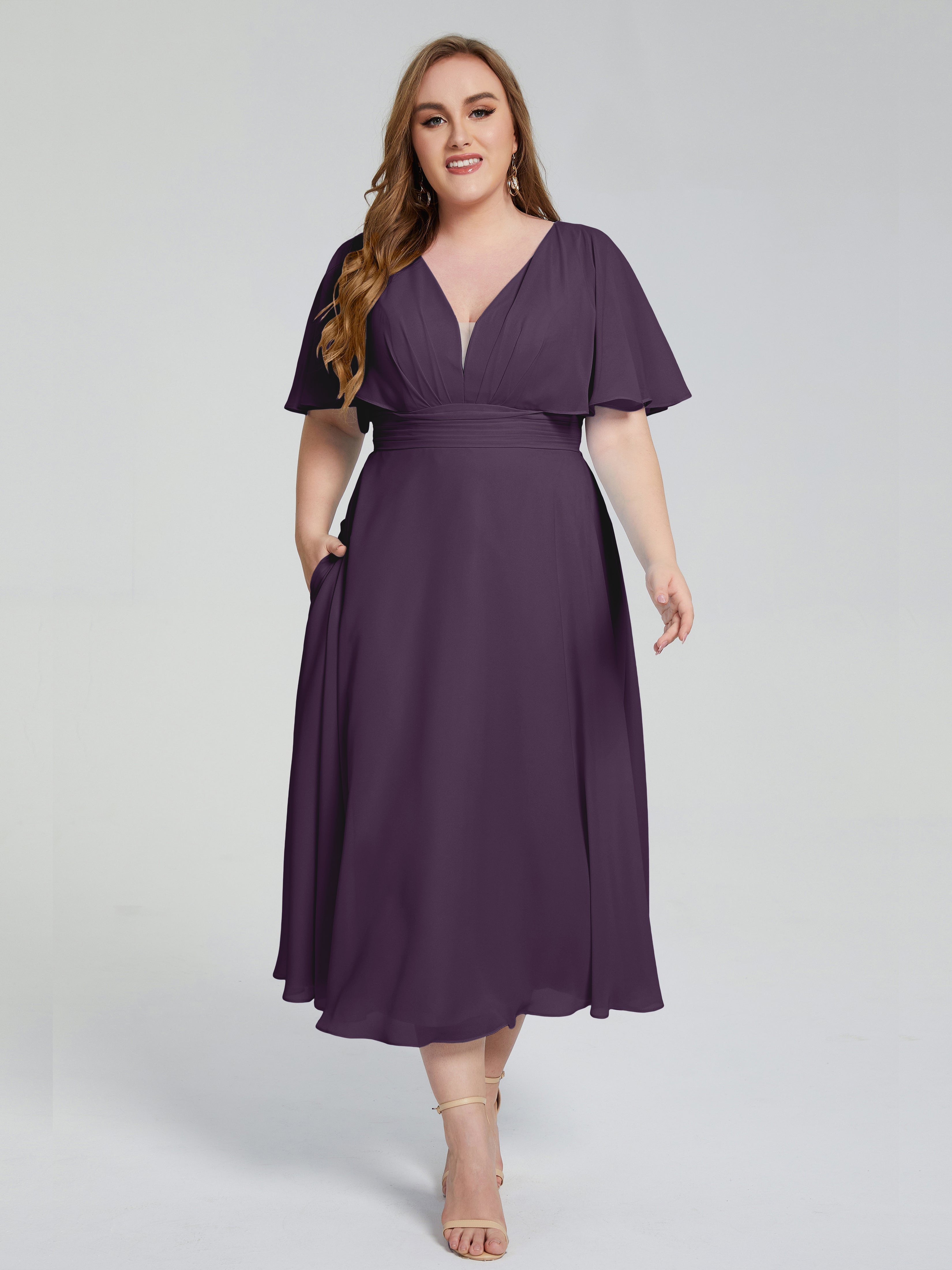 Lucia V-neck Plus Size Bridesmaid Dresses with Sleeves