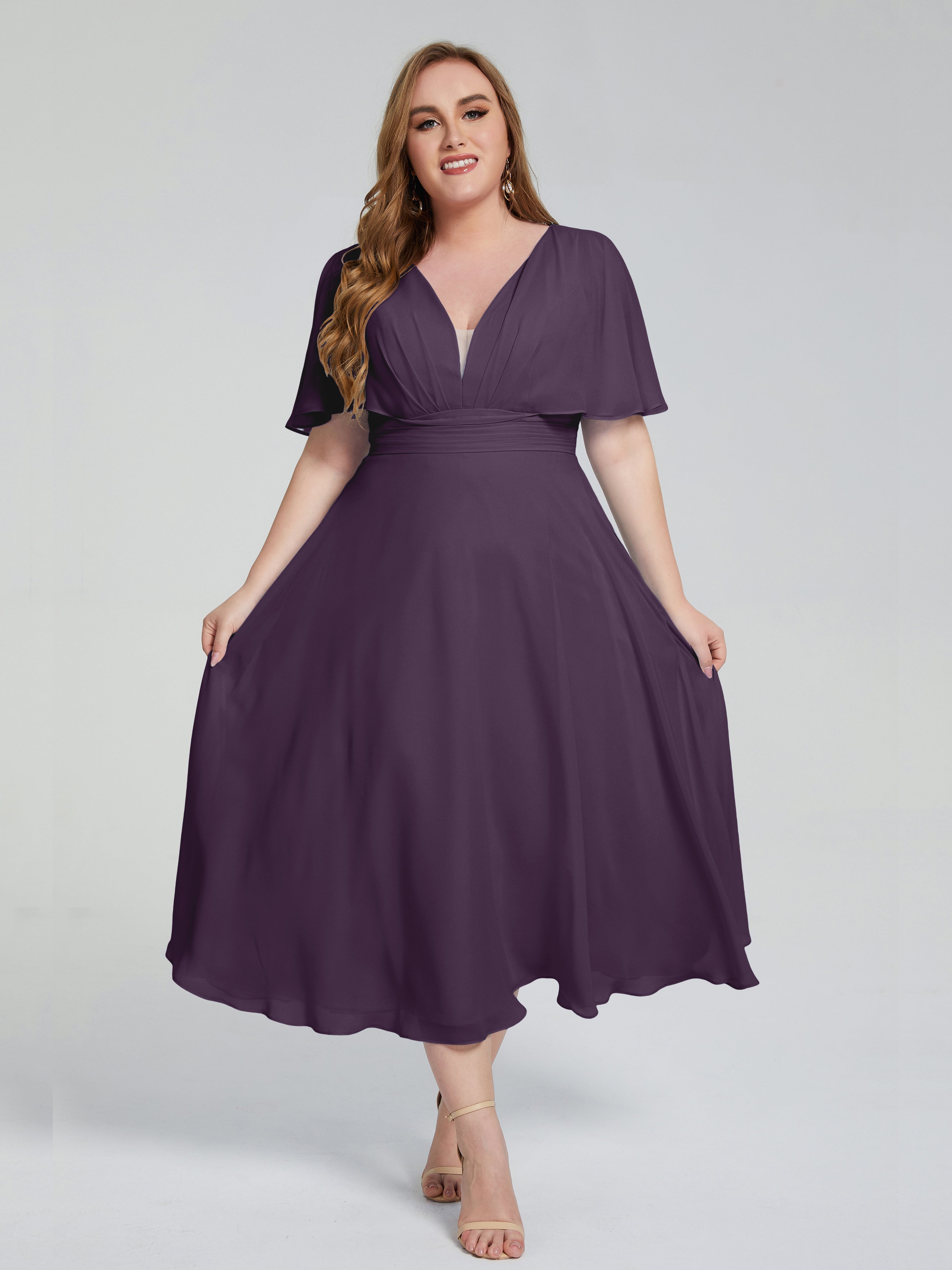 Lucia V-neck Plus Size Bridesmaid Dresses with Sleeves