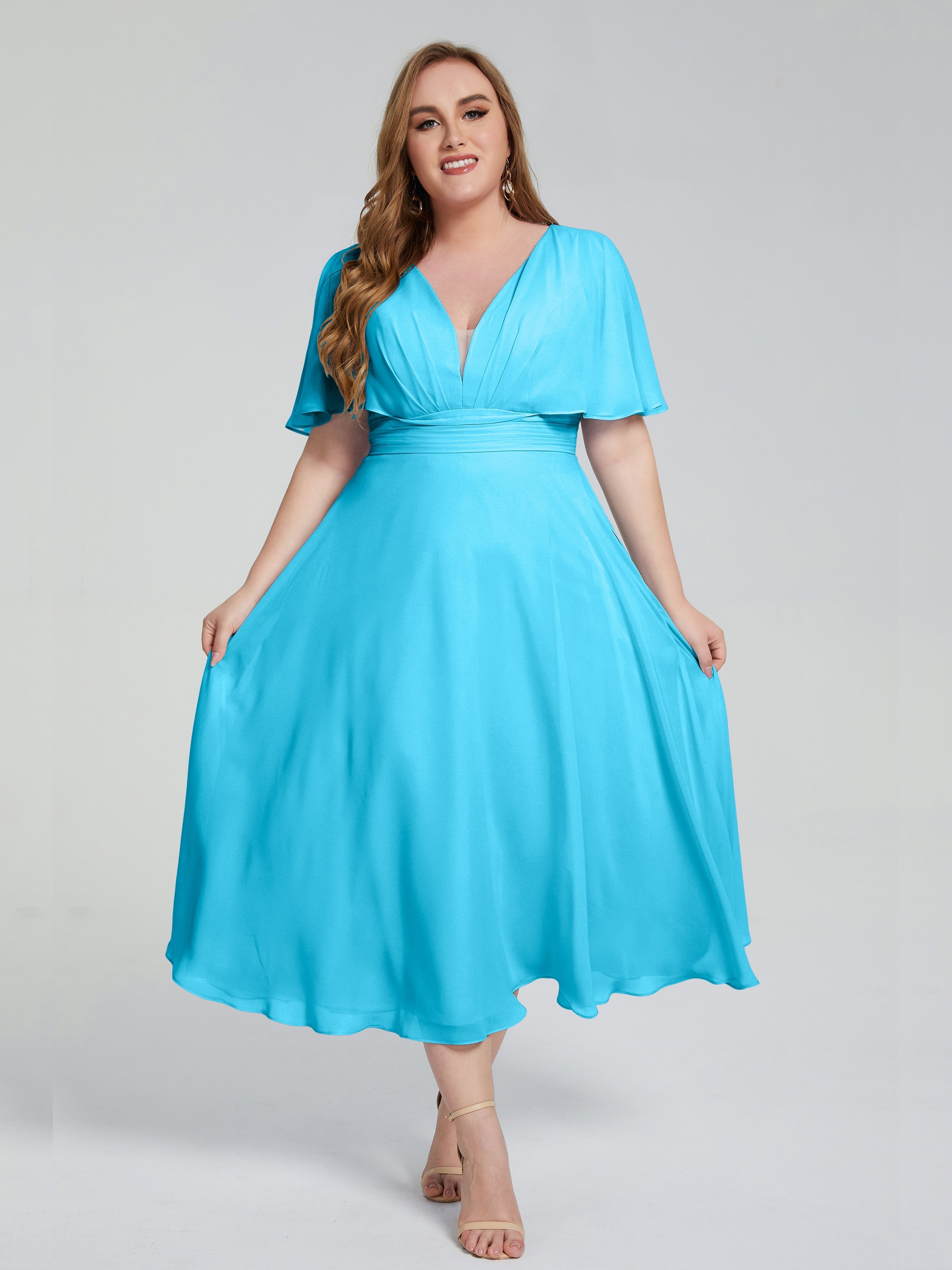 Lucia V-neck Plus Size Bridesmaid Dresses with Sleeves