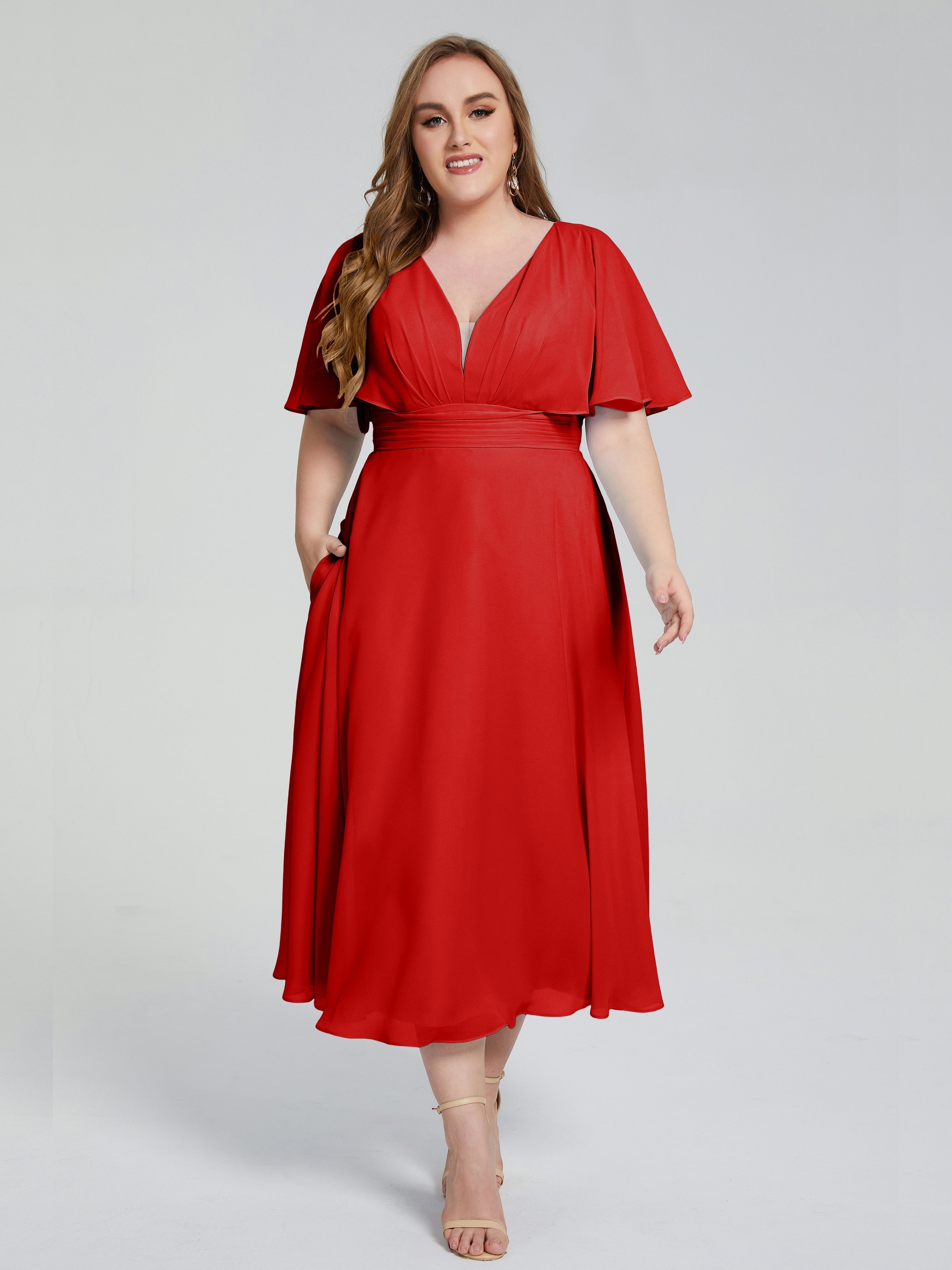 Lucia V-neck Plus Size Bridesmaid Dresses with Sleeves