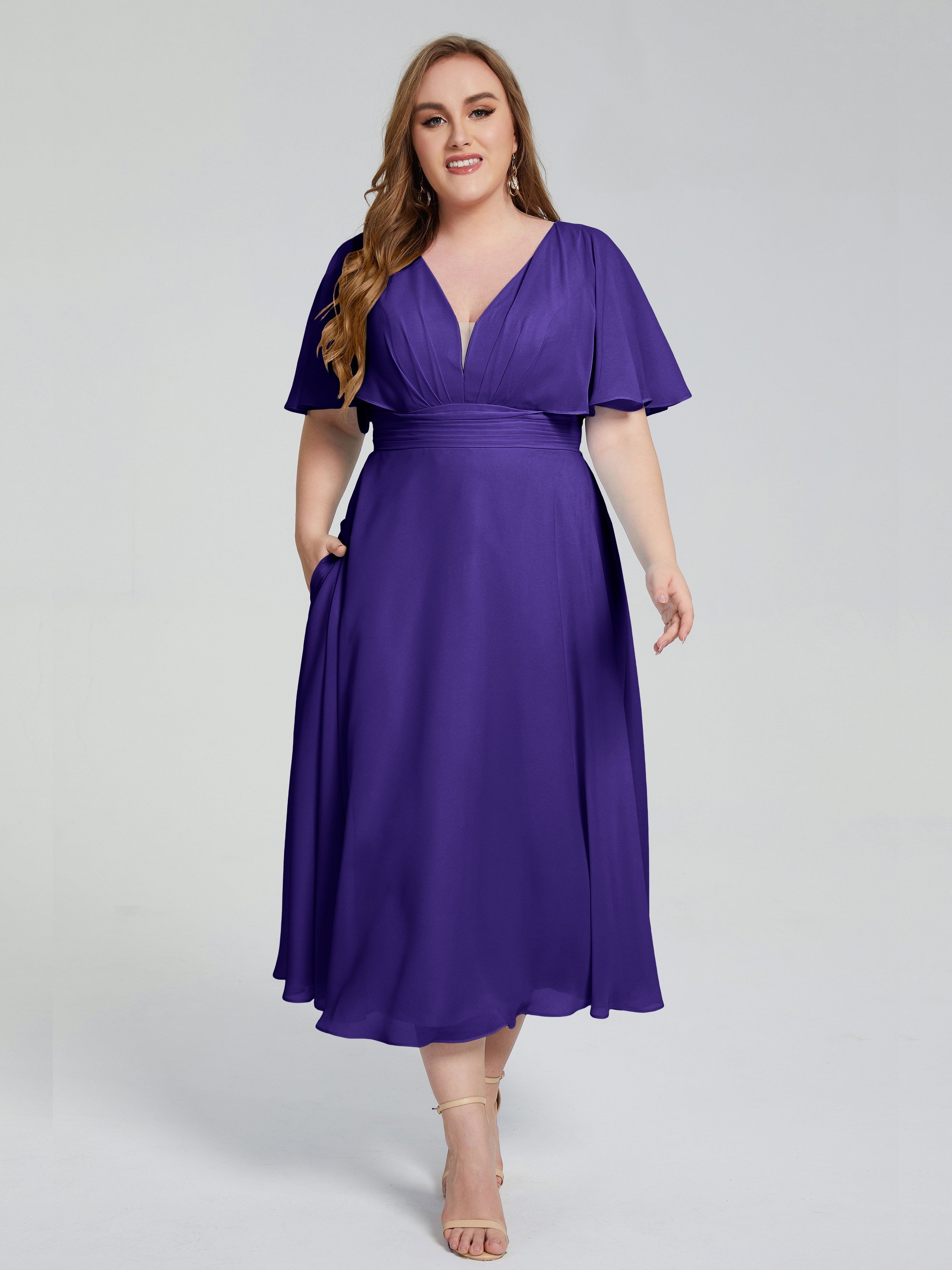 Lucia V-neck Plus Size Bridesmaid Dresses with Sleeves