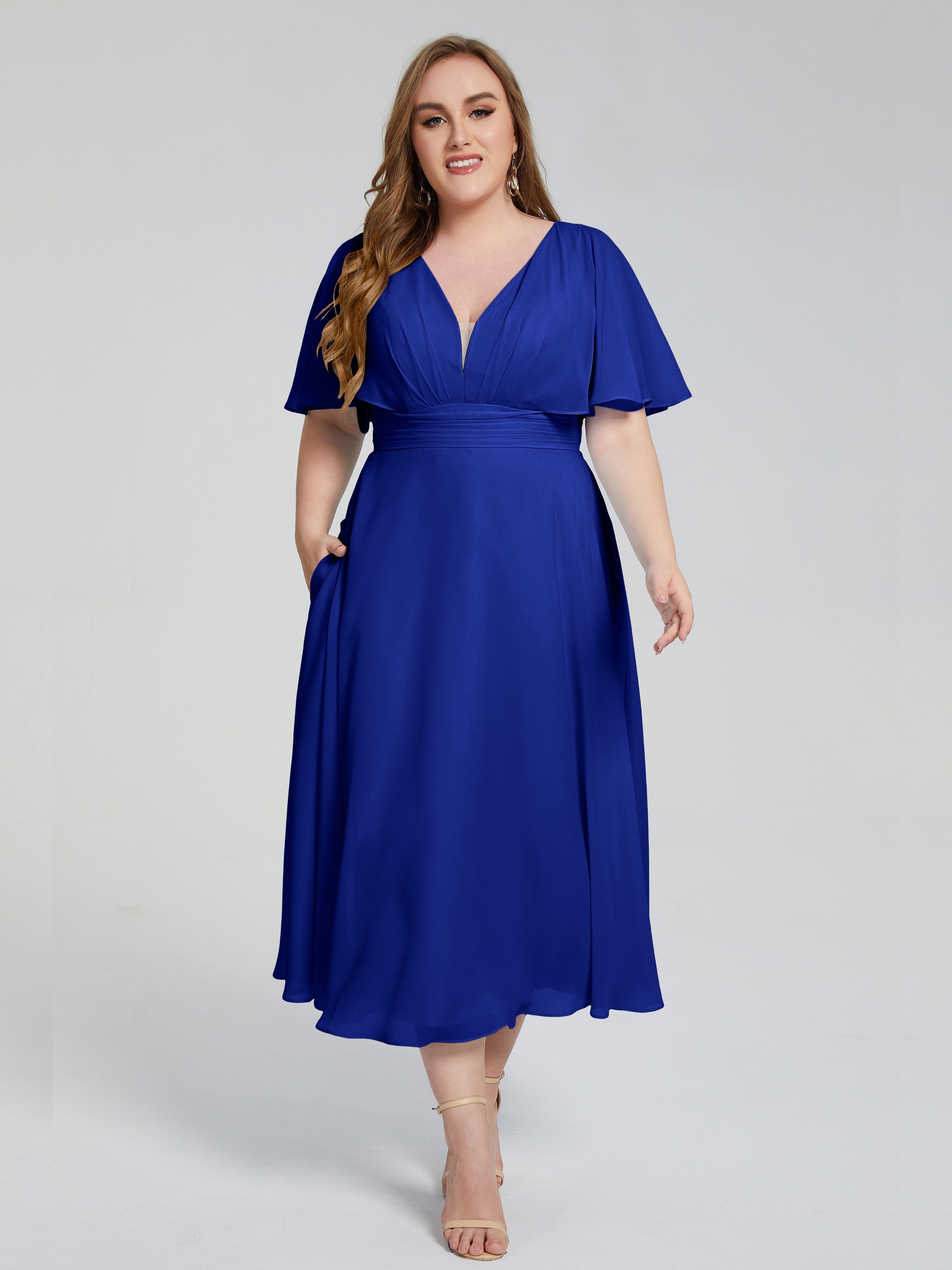 Lucia V-neck Plus Size Bridesmaid Dresses with Sleeves