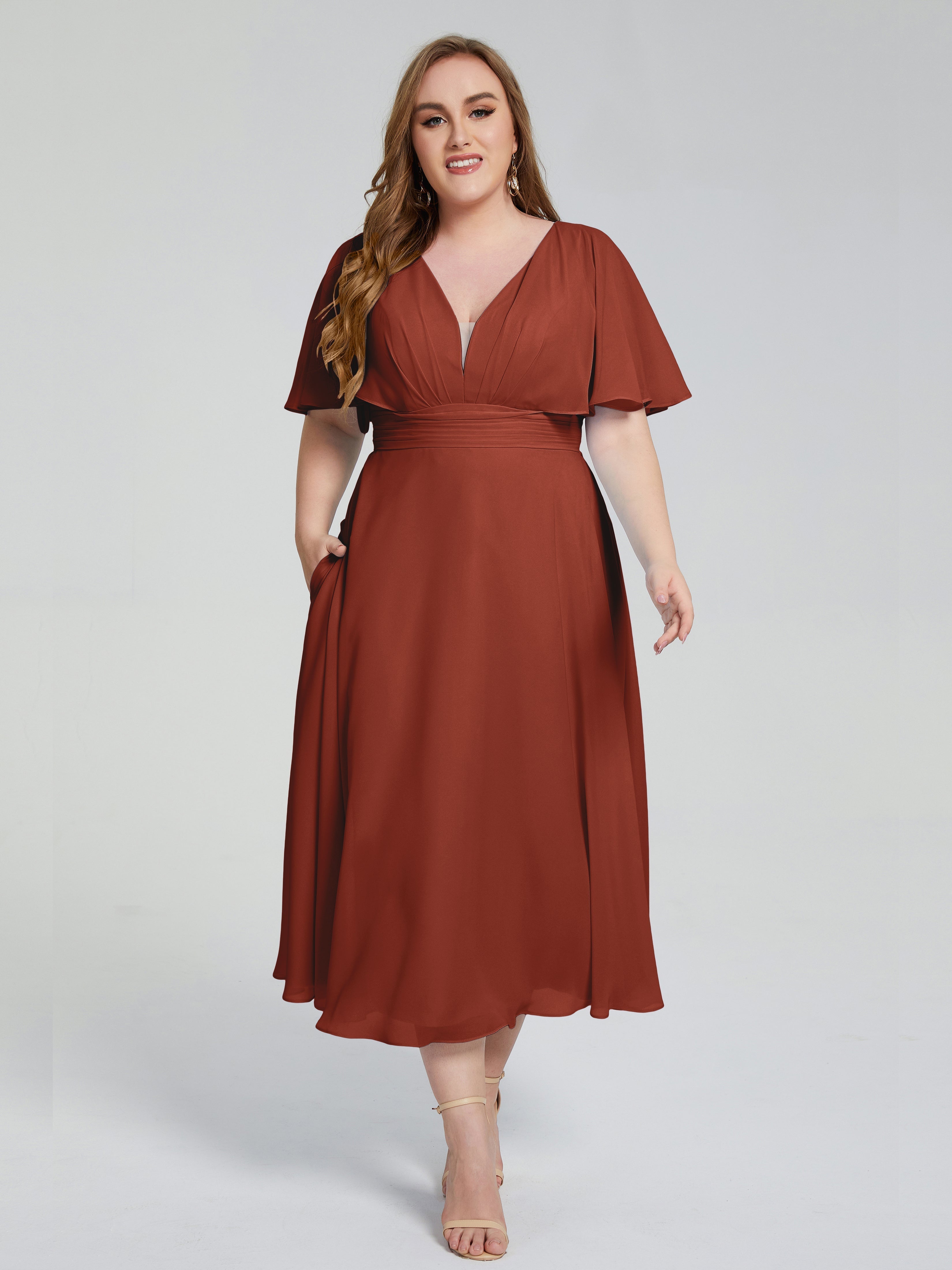 Lucia V-neck Plus Size Bridesmaid Dresses with Sleeves