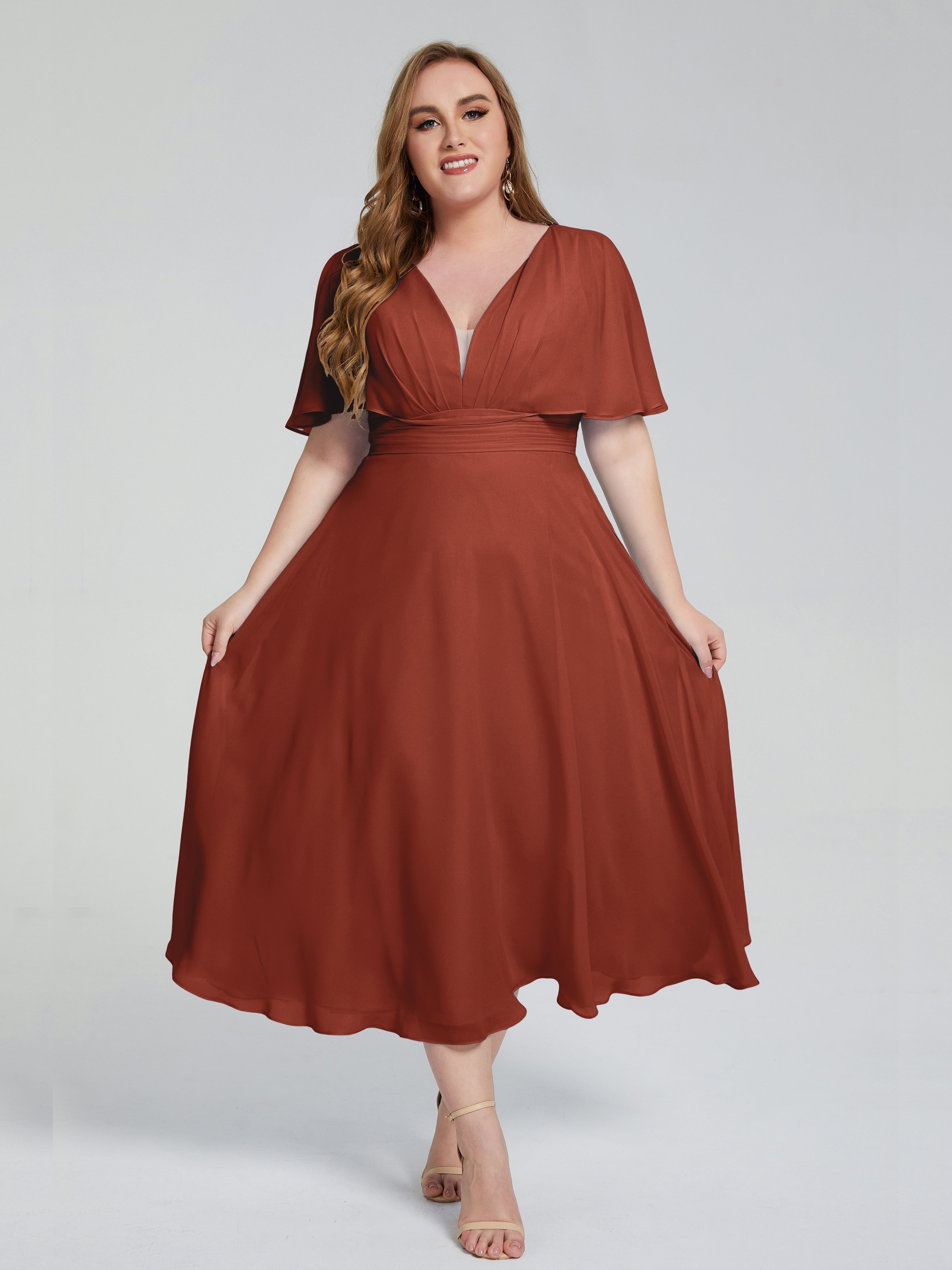 Lucia V-neck Plus Size Bridesmaid Dresses with Sleeves