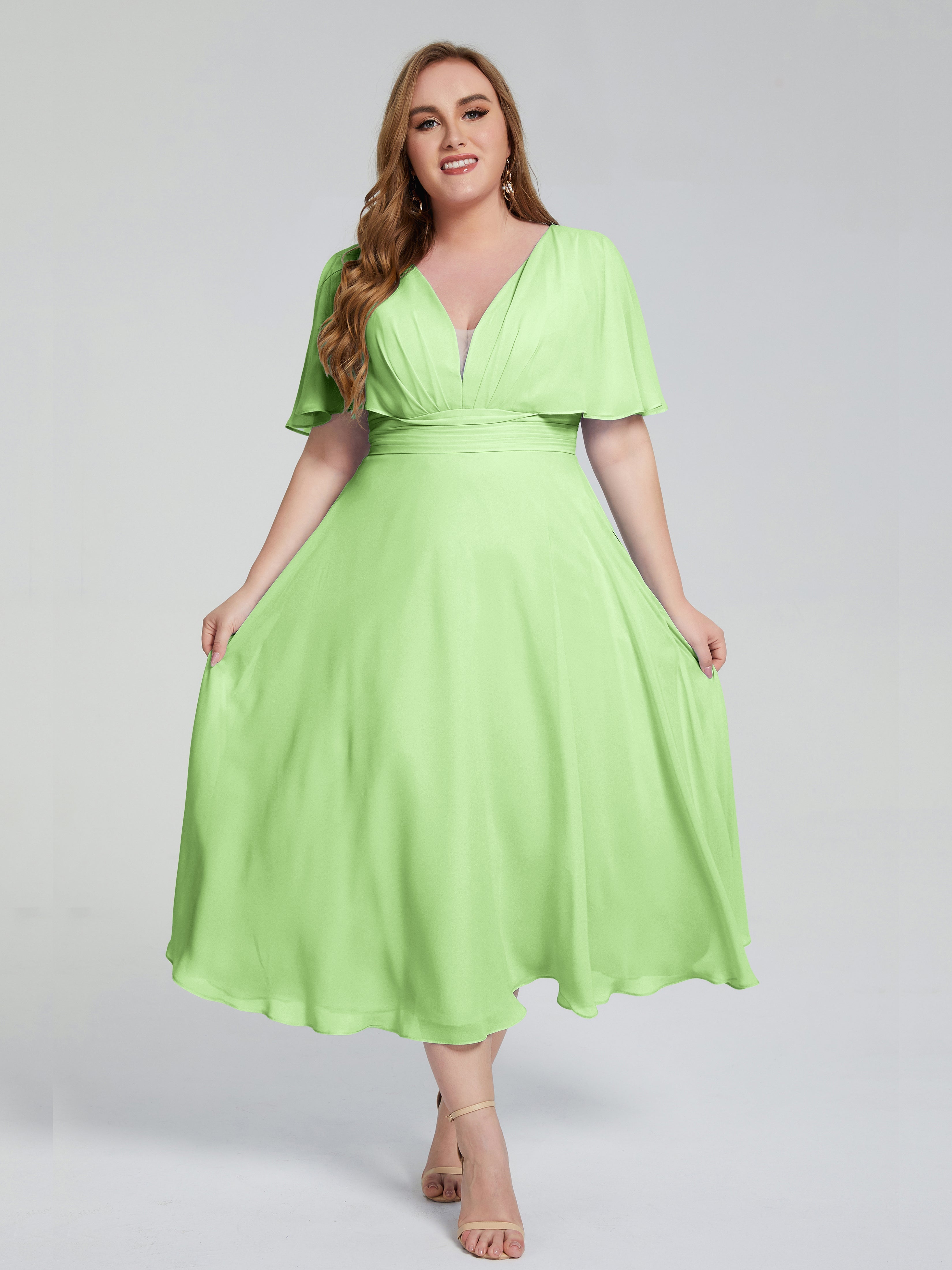 Lucia V-neck Plus Size Bridesmaid Dresses with Sleeves