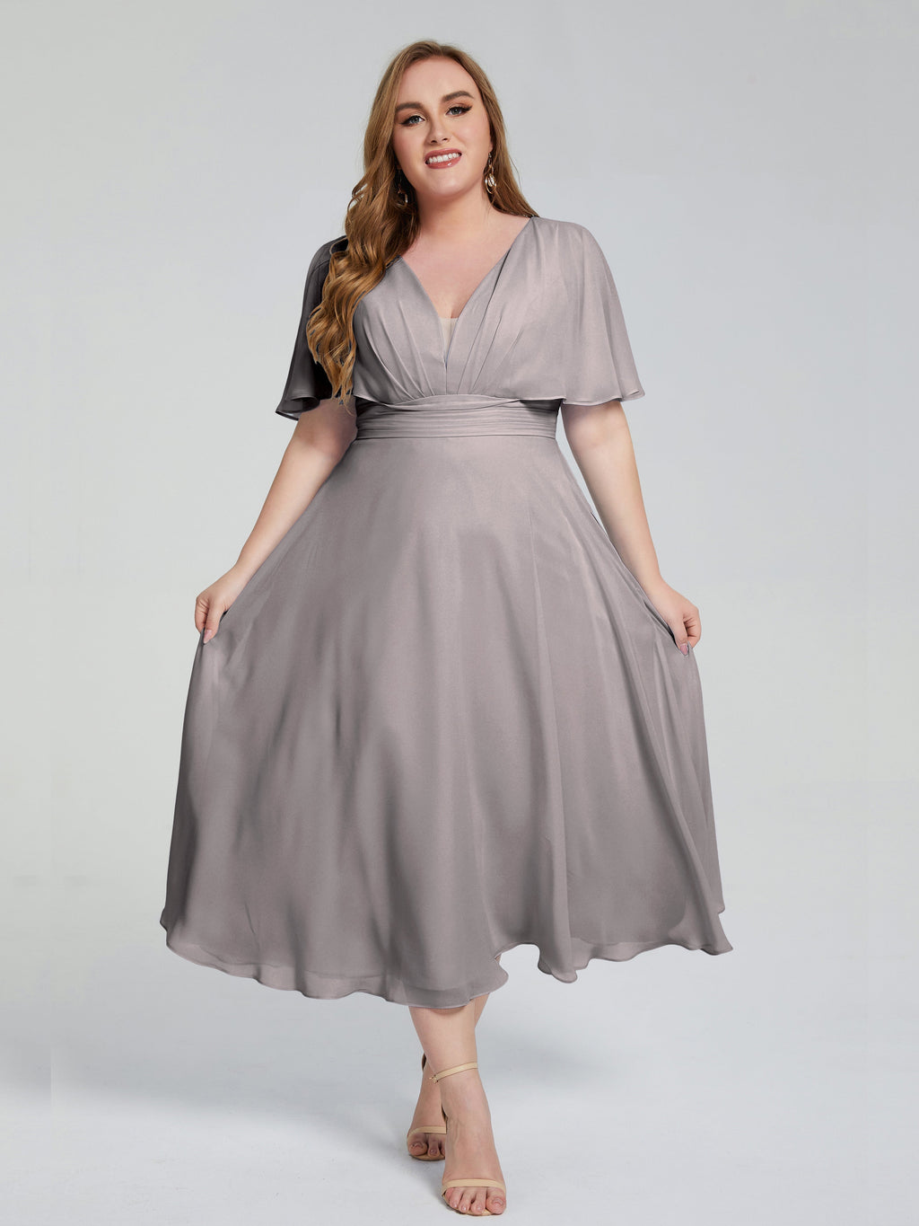 Lucia V-neck Plus Size Bridesmaid Dresses with Sleeves