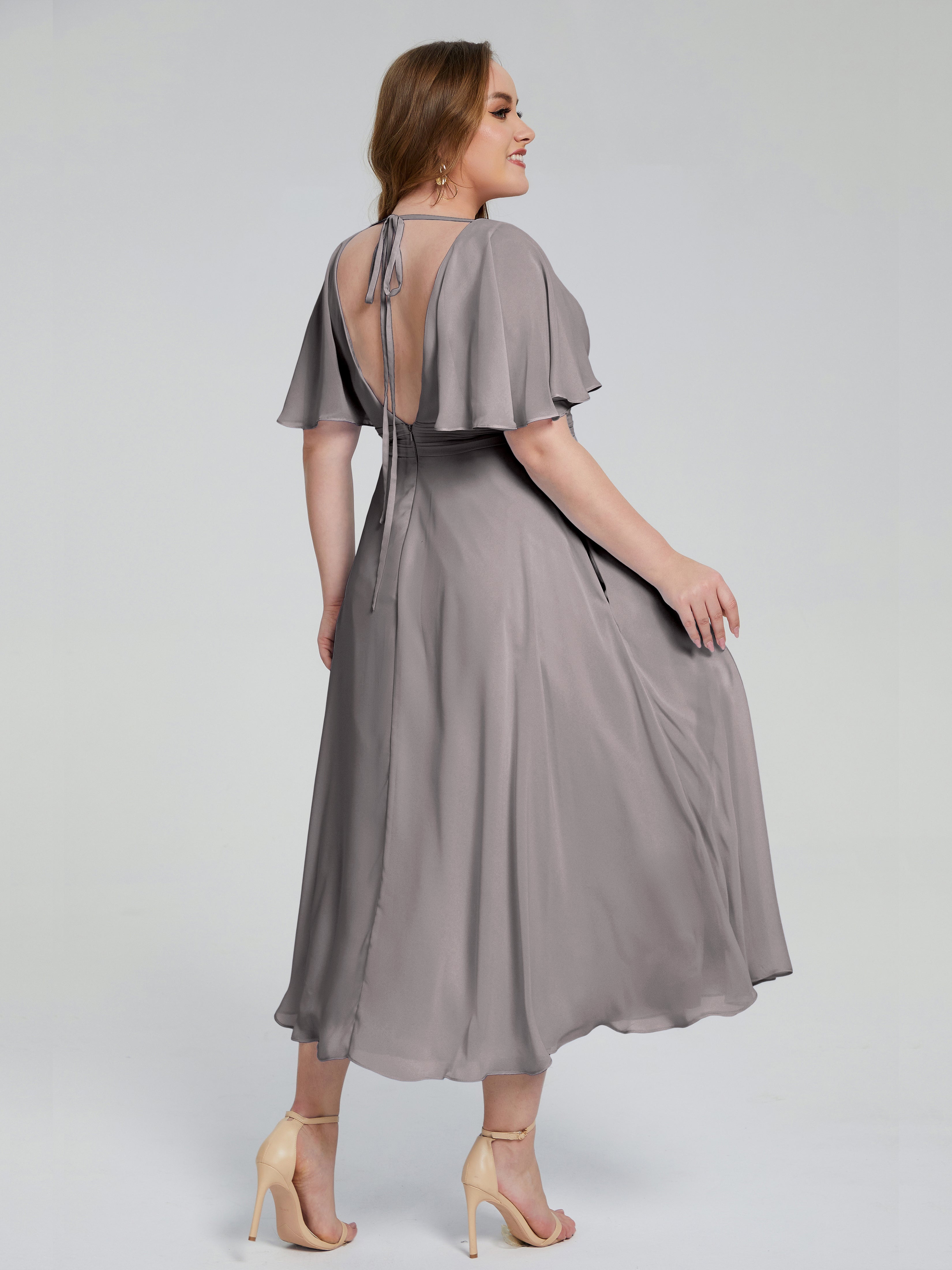 Lucia V-neck Plus Size Bridesmaid Dresses with Sleeves