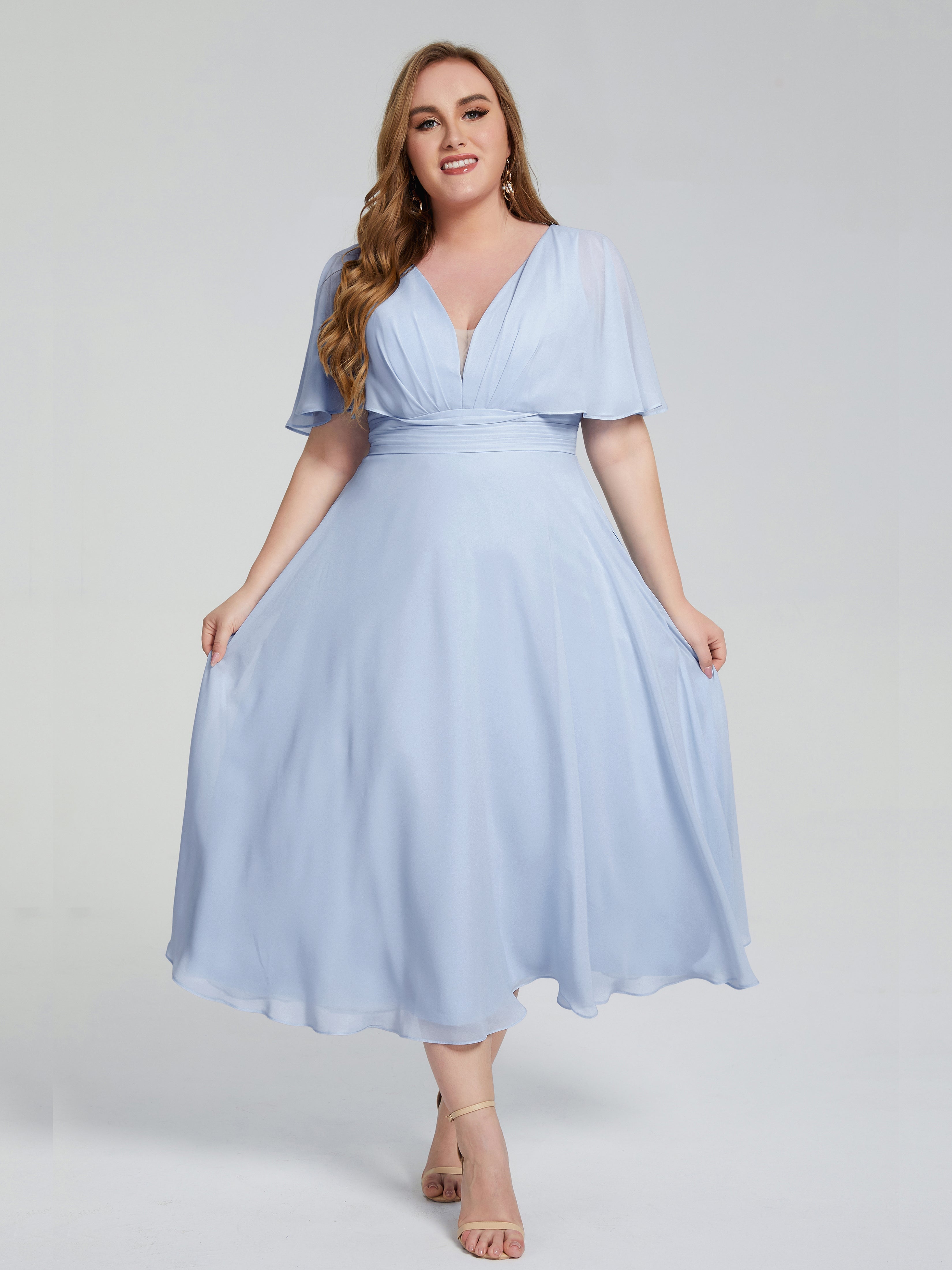 Lucia V-neck Plus Size Bridesmaid Dresses with Sleeves