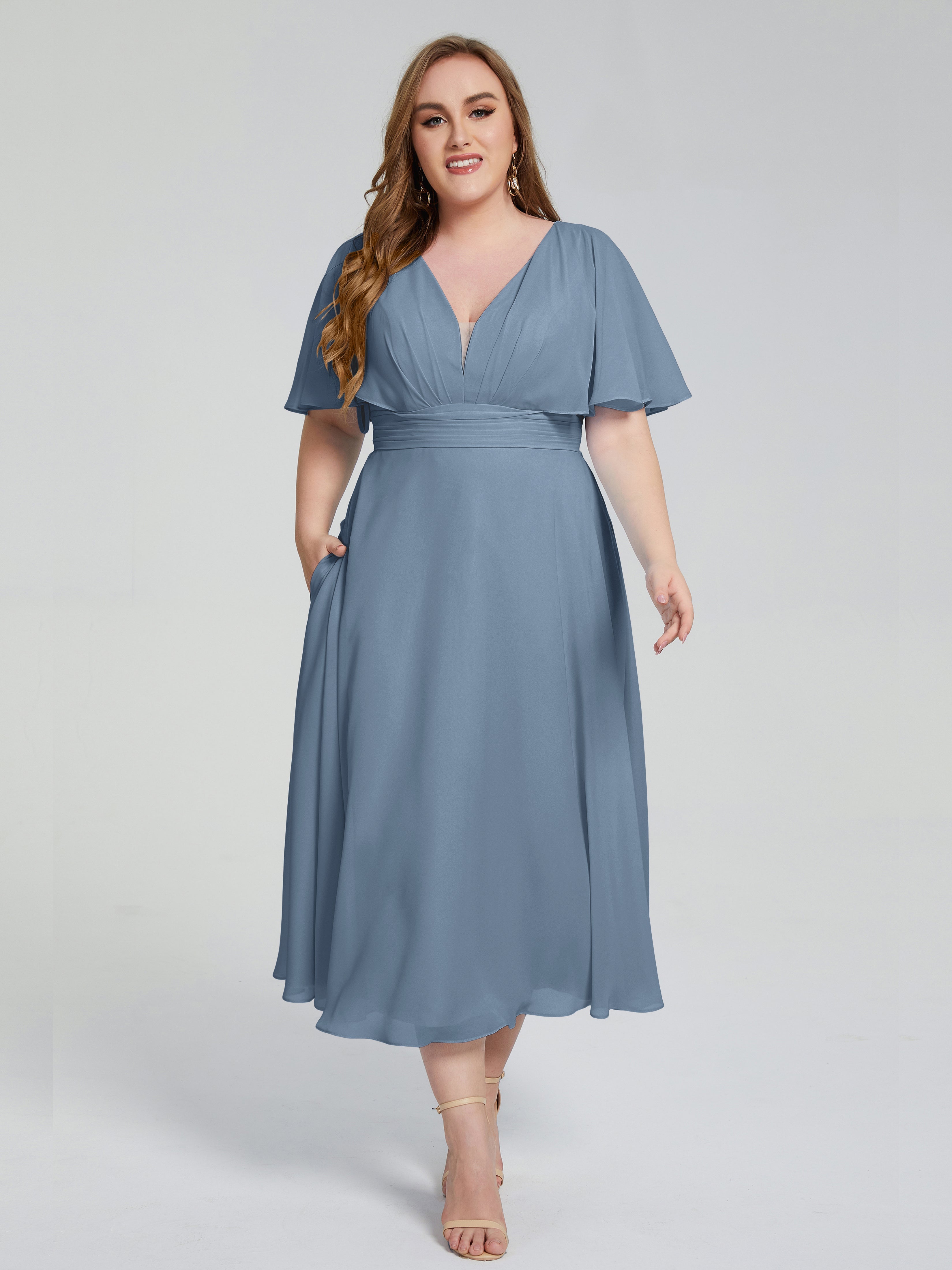 Lucia V-neck Plus Size Bridesmaid Dresses with Sleeves
