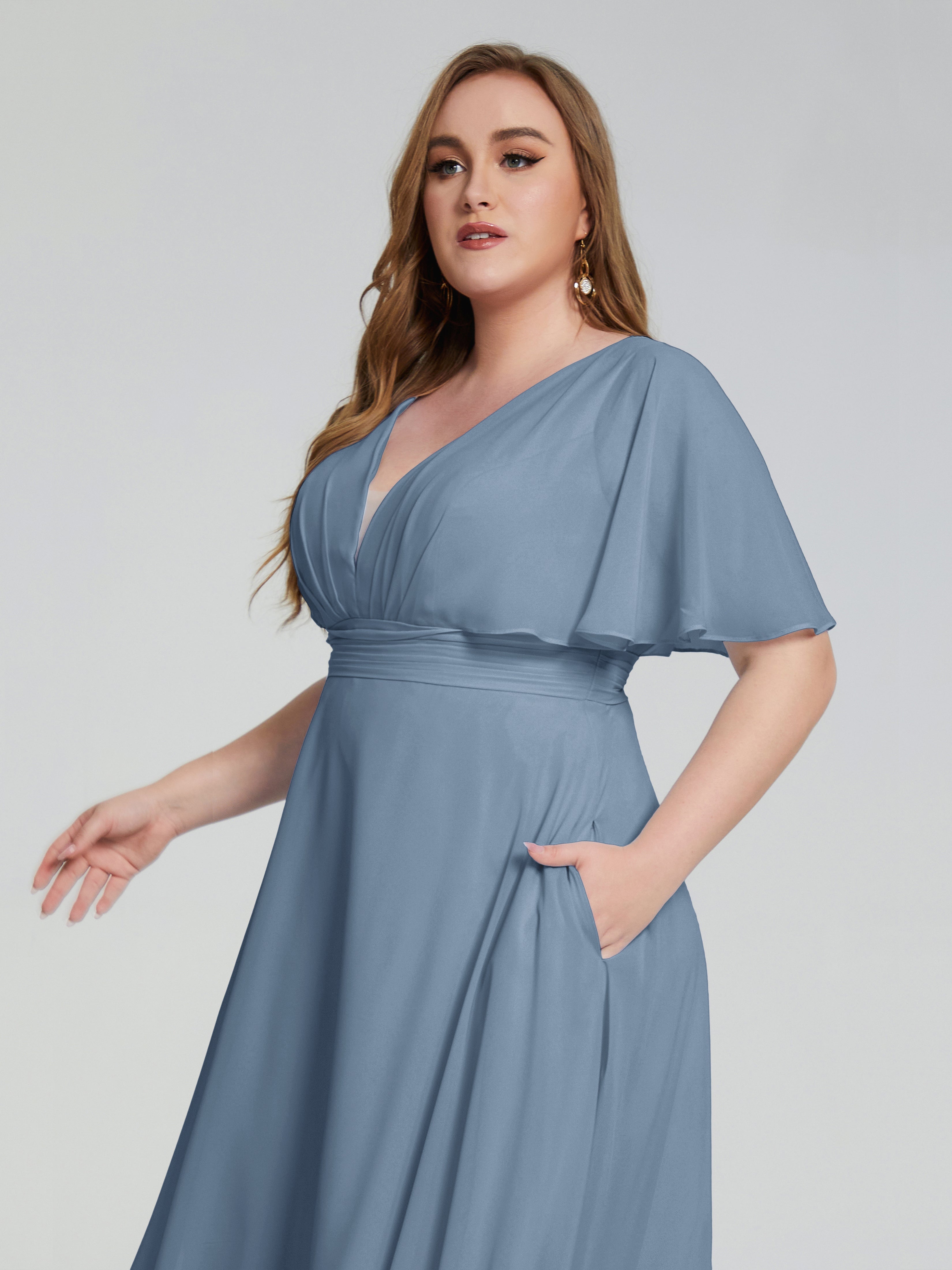 Lucia V-neck Plus Size Bridesmaid Dresses with Sleeves