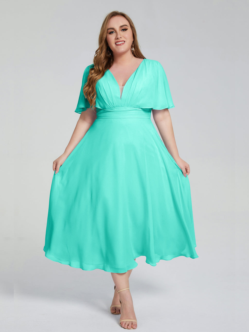 Lucia V-neck Plus Size Bridesmaid Dresses with Sleeves