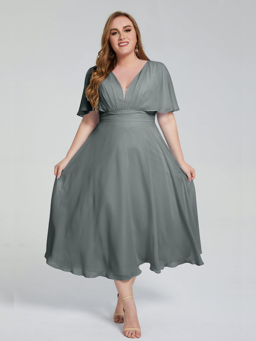 Lucia V-neck Plus Size Bridesmaid Dresses with Sleeves