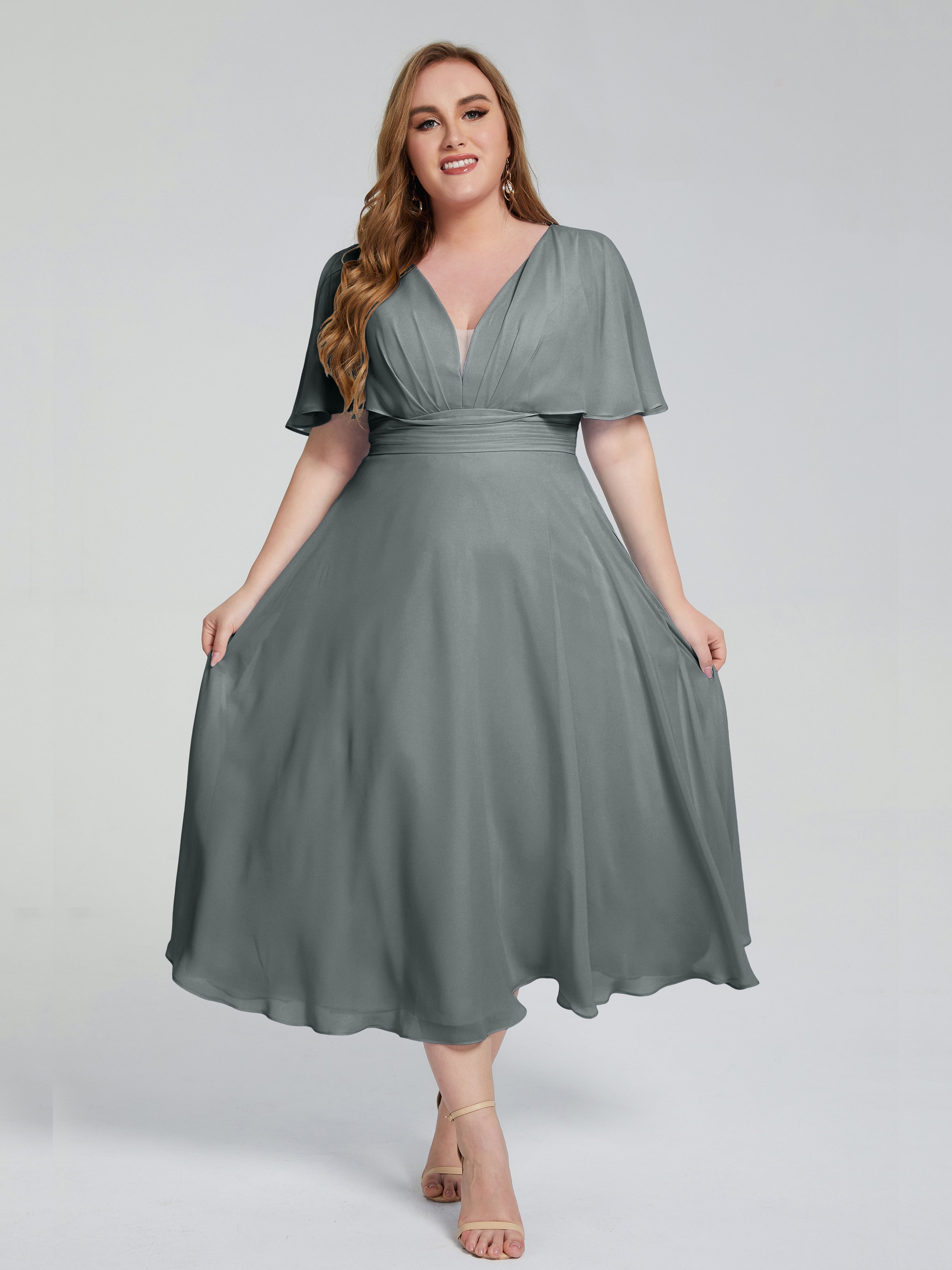 Lucia V-neck Plus Size Bridesmaid Dresses with Sleeves