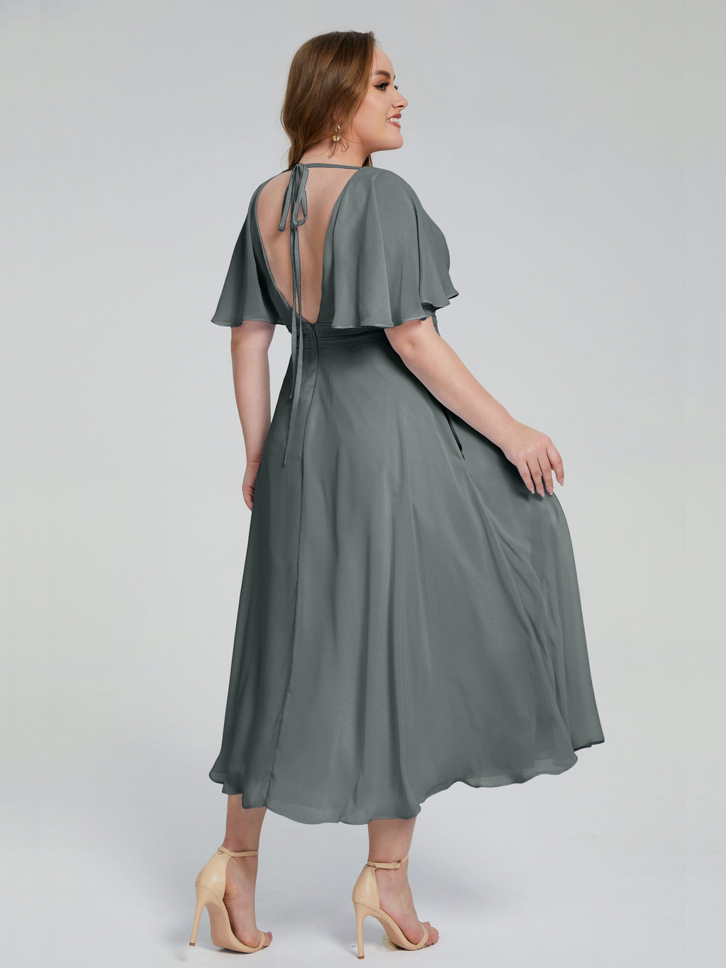 Lucia V-neck Plus Size Bridesmaid Dresses with Sleeves