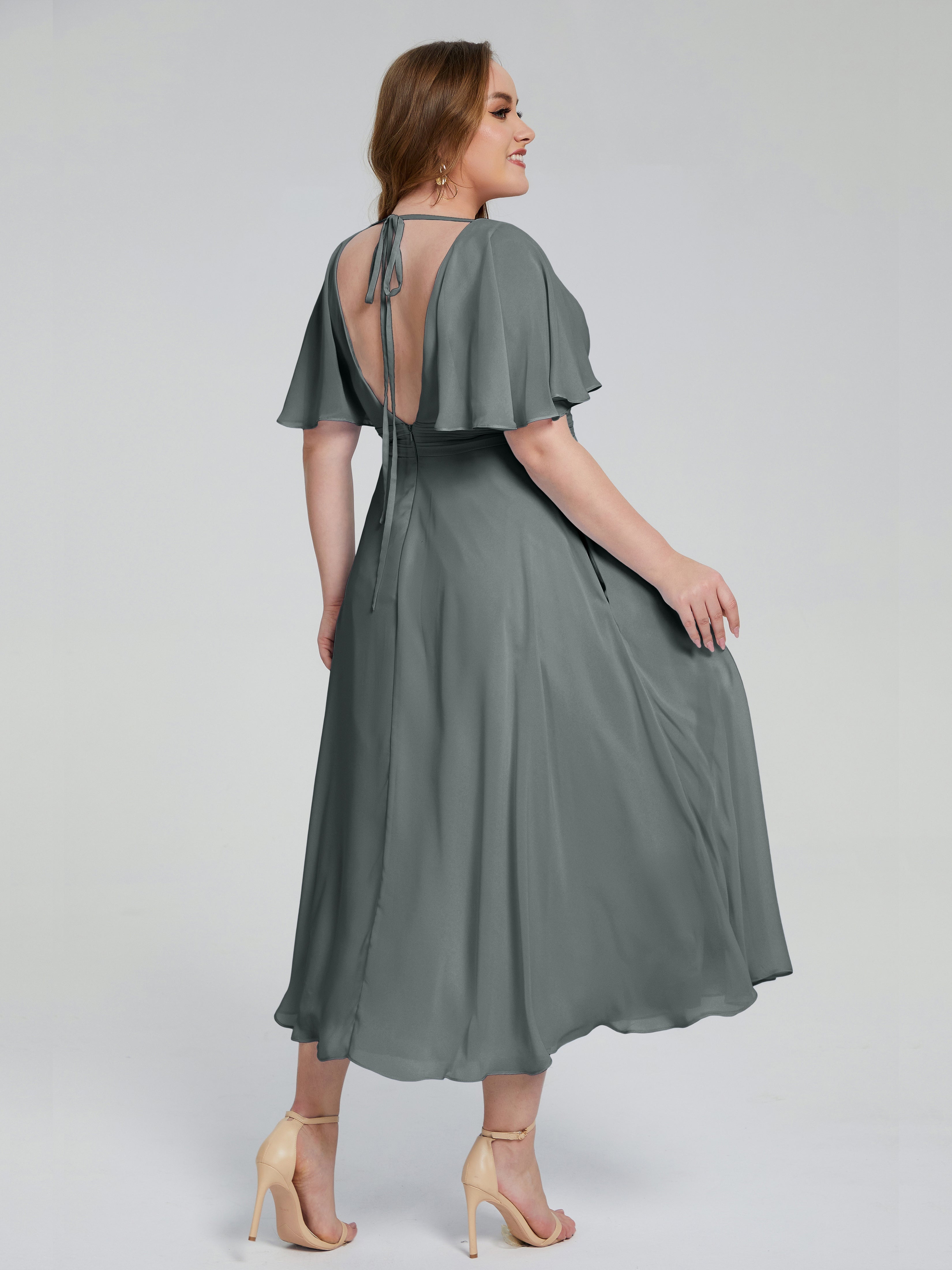 Lucia V-neck Plus Size Bridesmaid Dresses with Sleeves