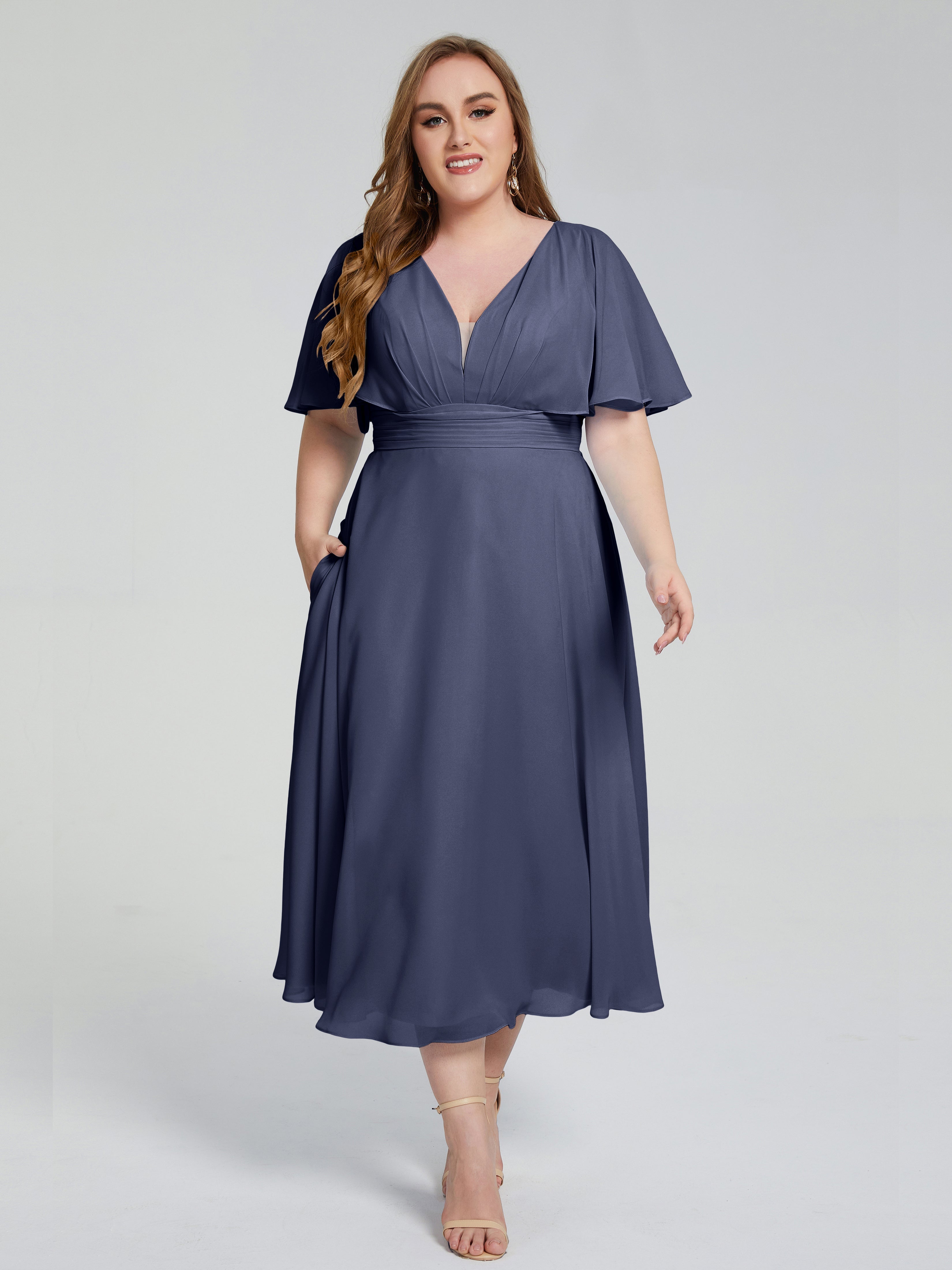 Lucia V-neck Plus Size Bridesmaid Dresses with Sleeves