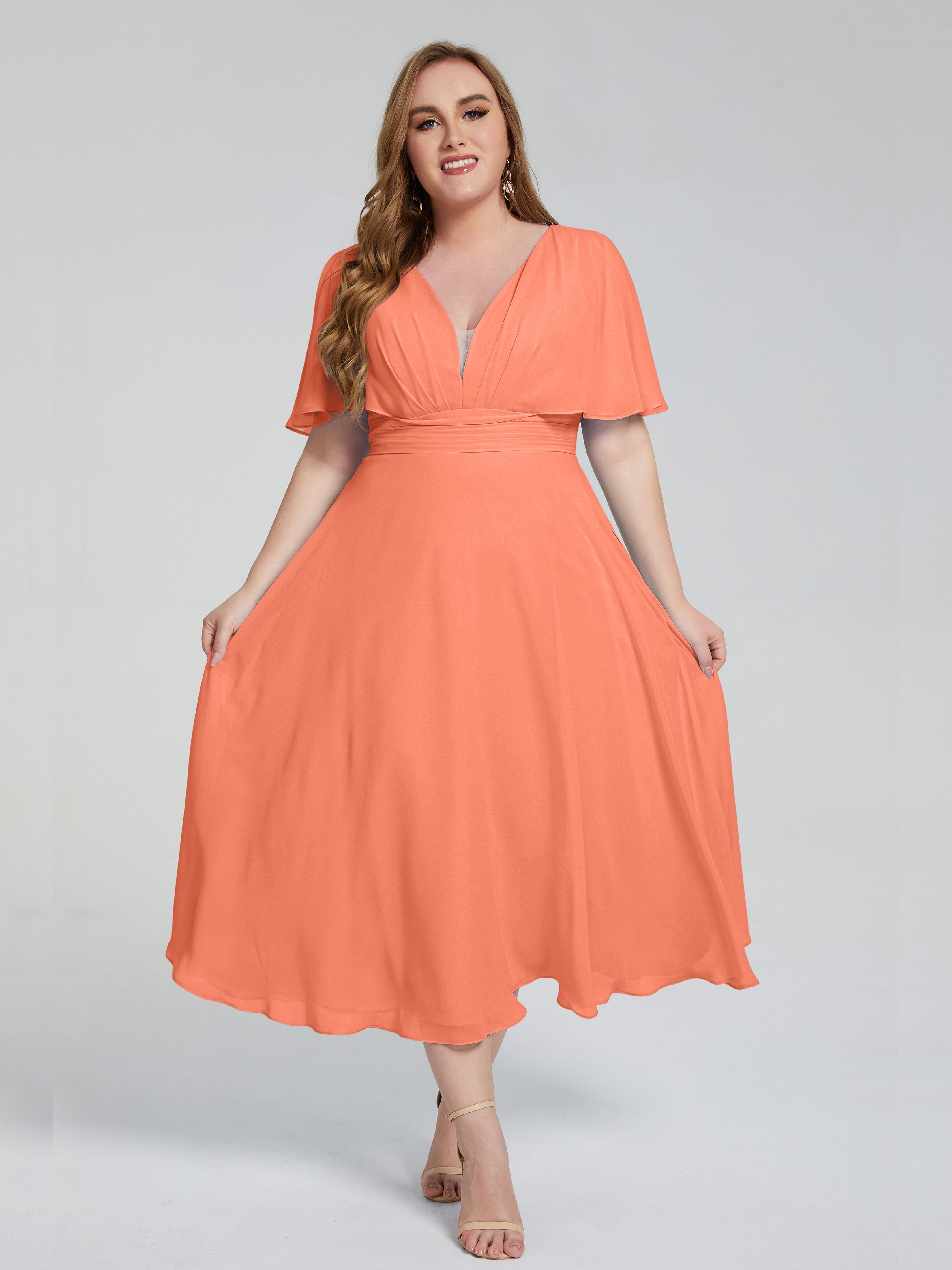 Lucia V-neck Plus Size Bridesmaid Dresses with Sleeves