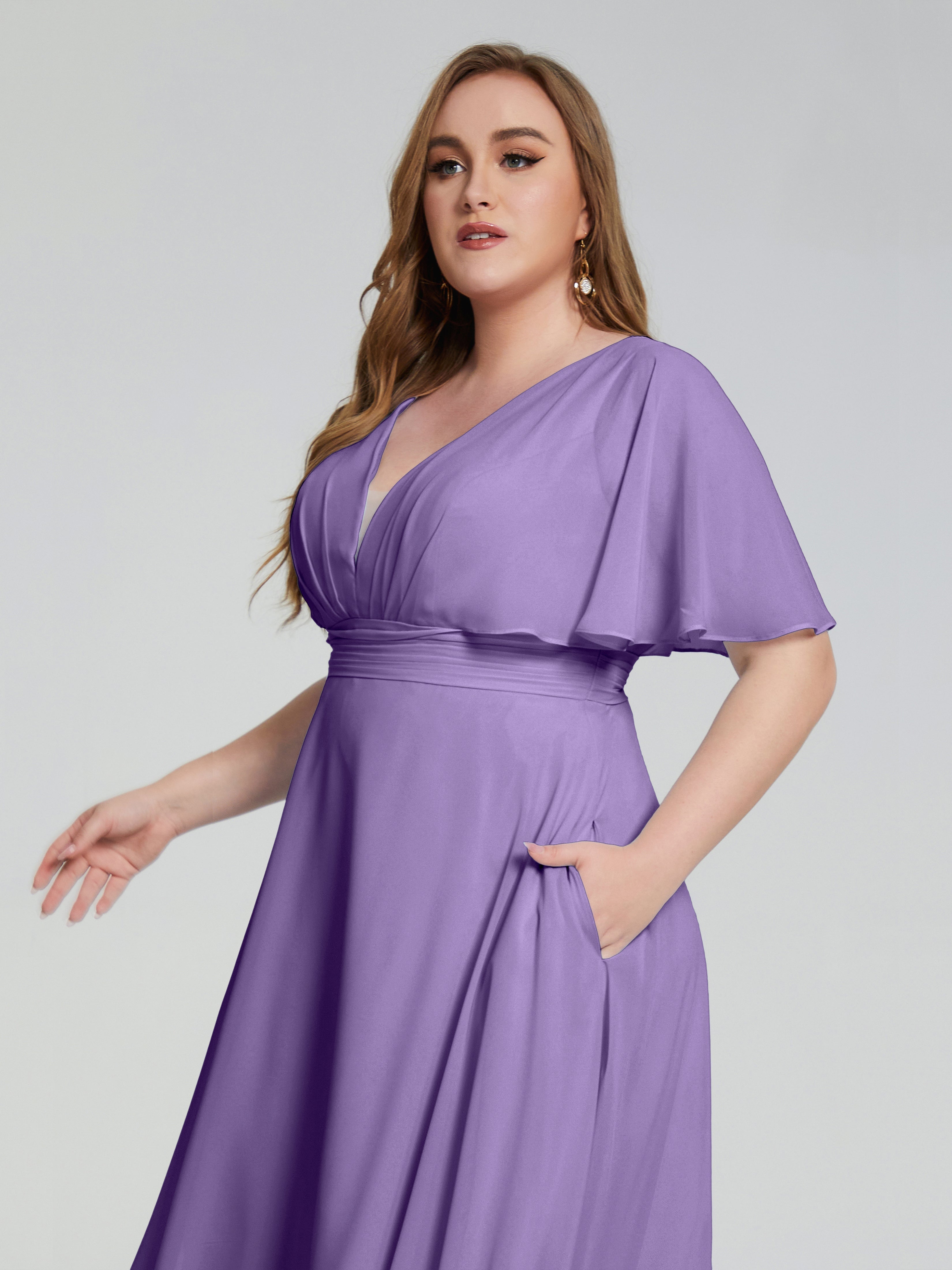 Lucia V-neck Plus Size Bridesmaid Dresses with Sleeves