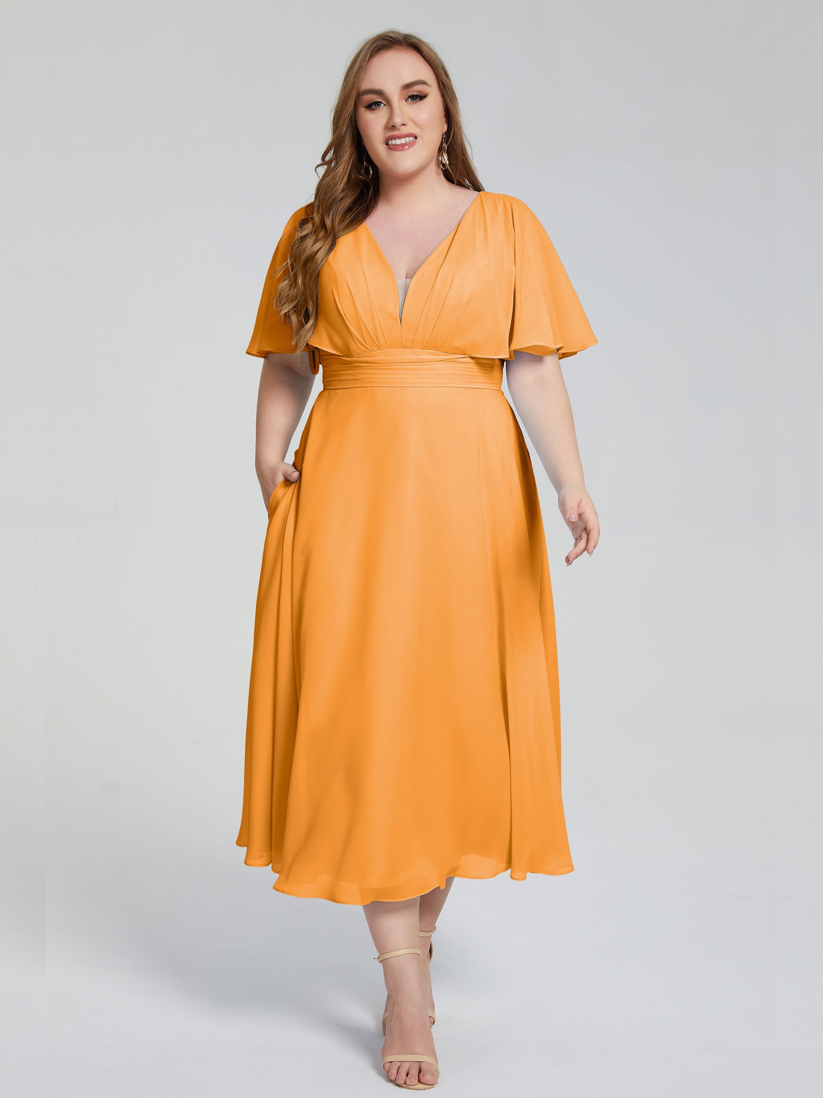 Lucia V-neck Plus Size Bridesmaid Dresses with Sleeves