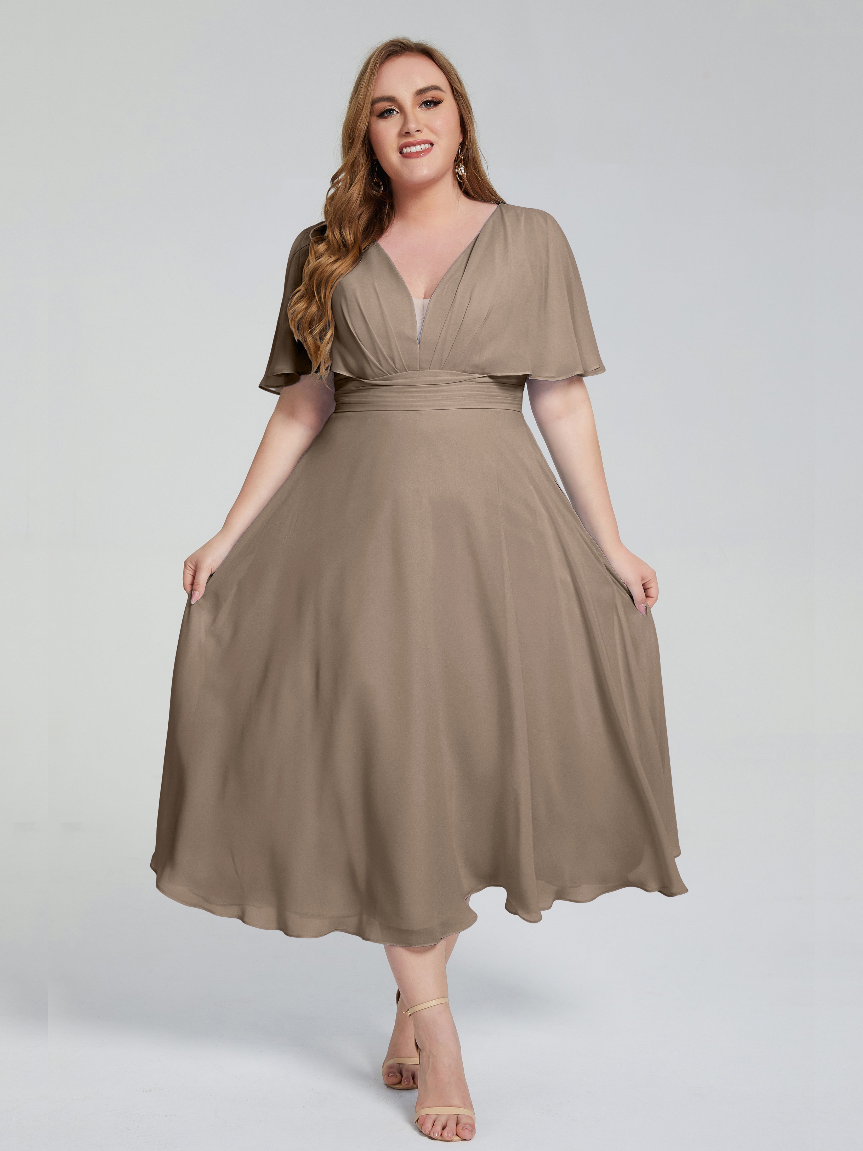 Lucia V-neck Plus Size Bridesmaid Dresses with Sleeves