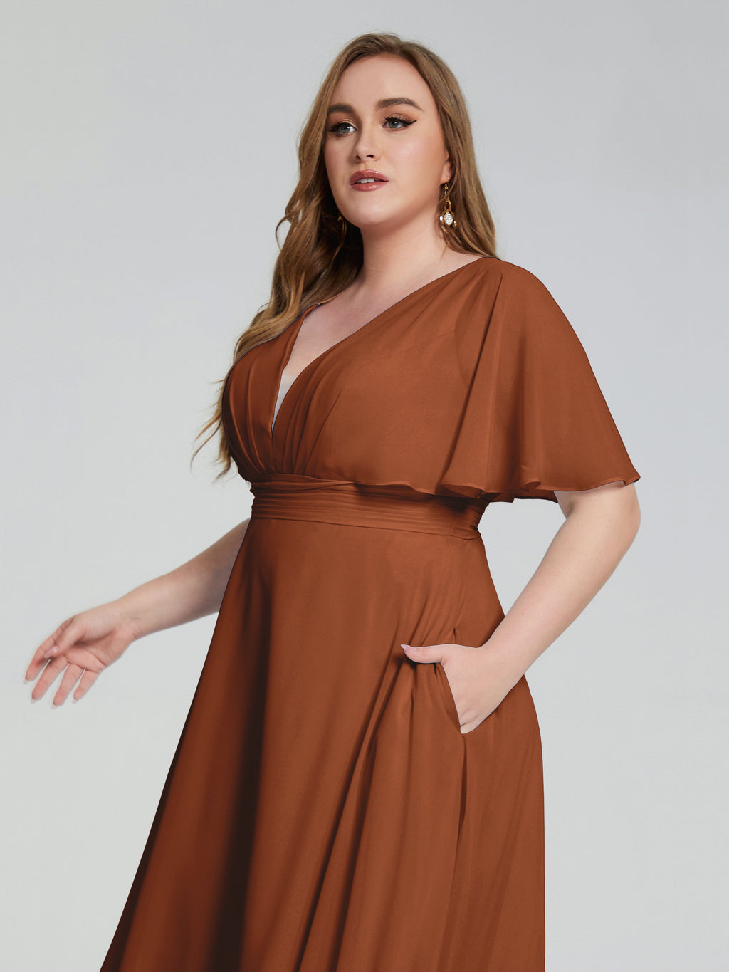 Lucia V-neck Plus Size Bridesmaid Dresses with Sleeves