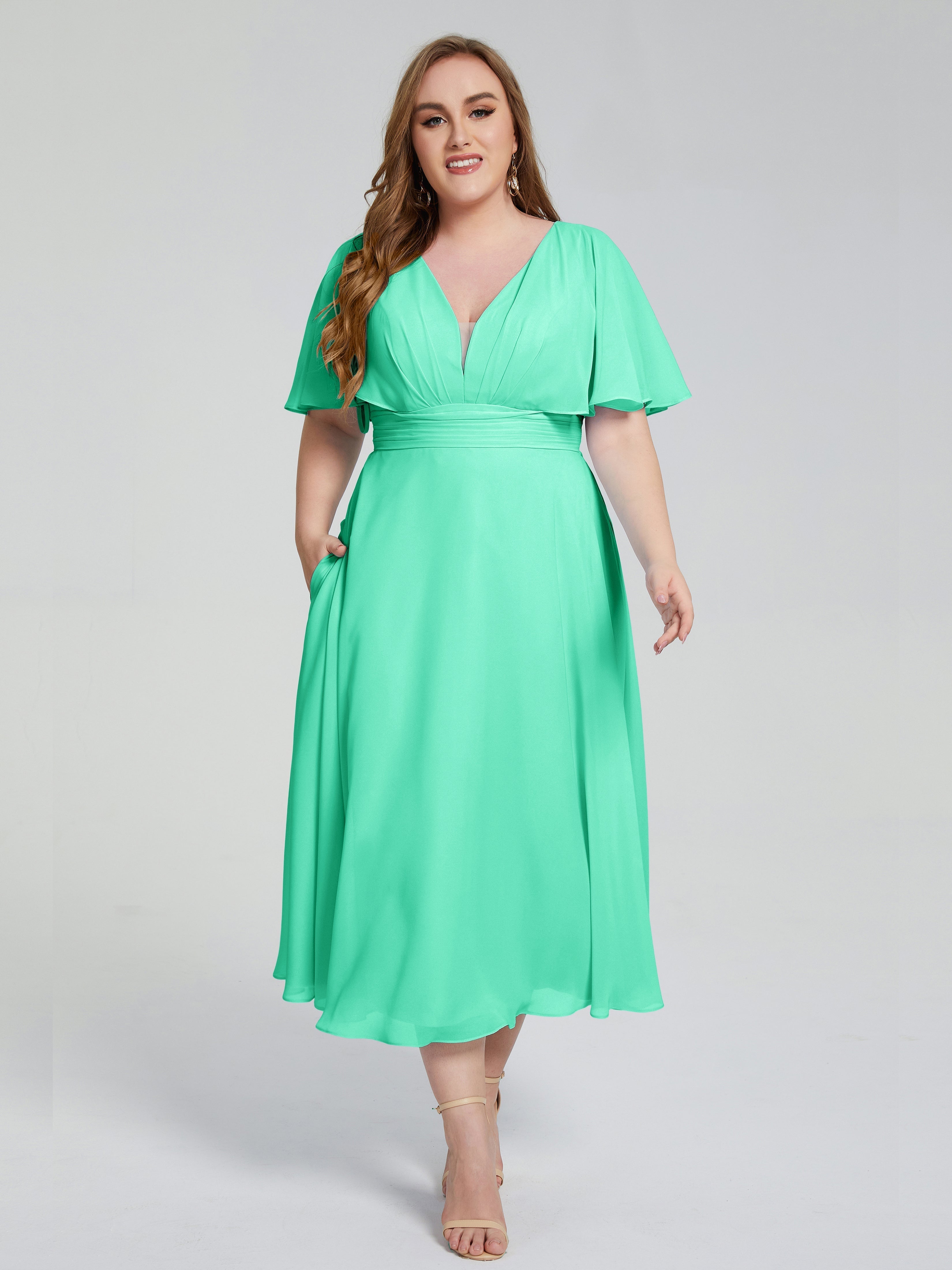 Lucia V-neck Plus Size Bridesmaid Dresses with Sleeves