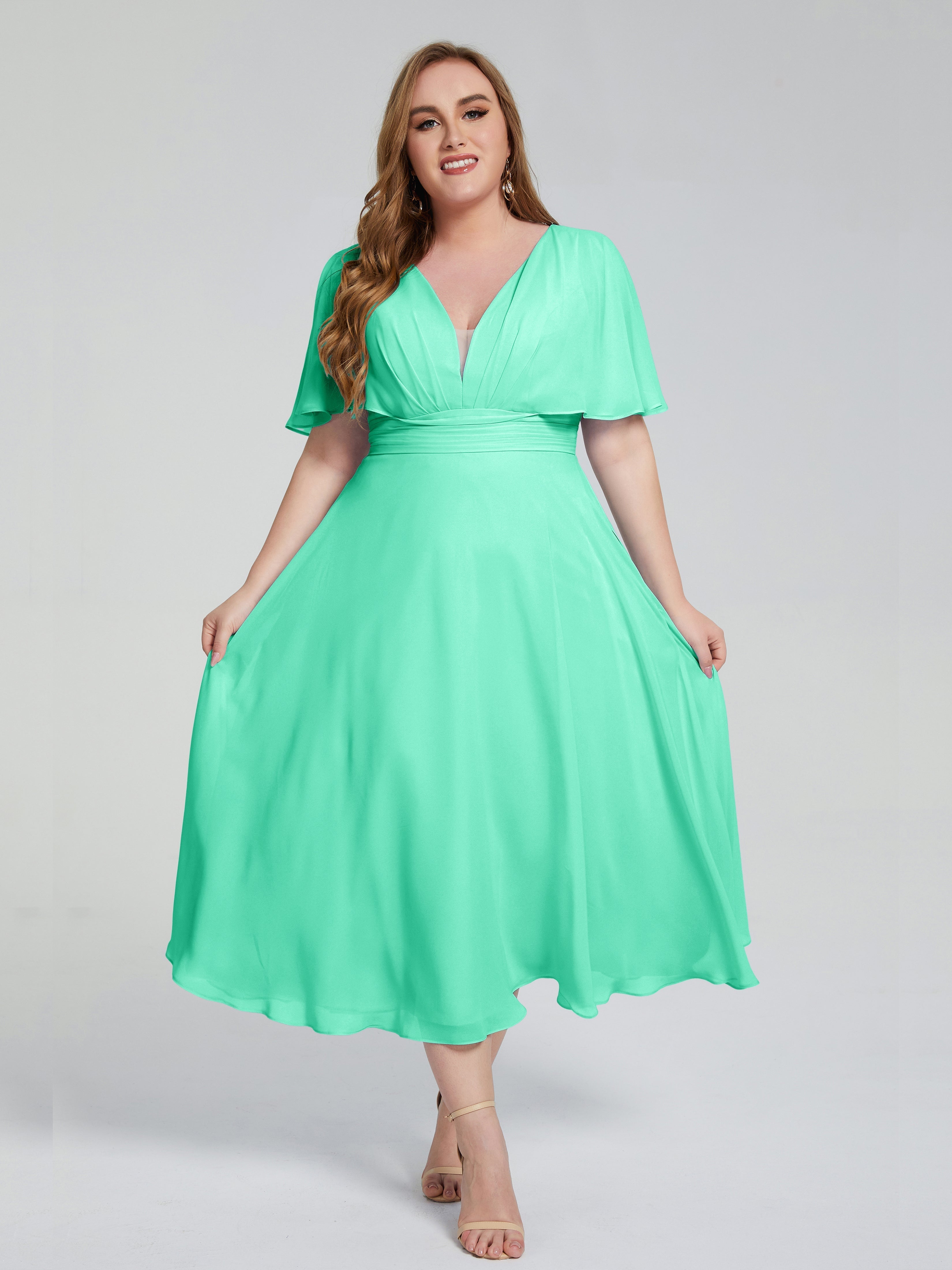 Lucia V-neck Plus Size Bridesmaid Dresses with Sleeves