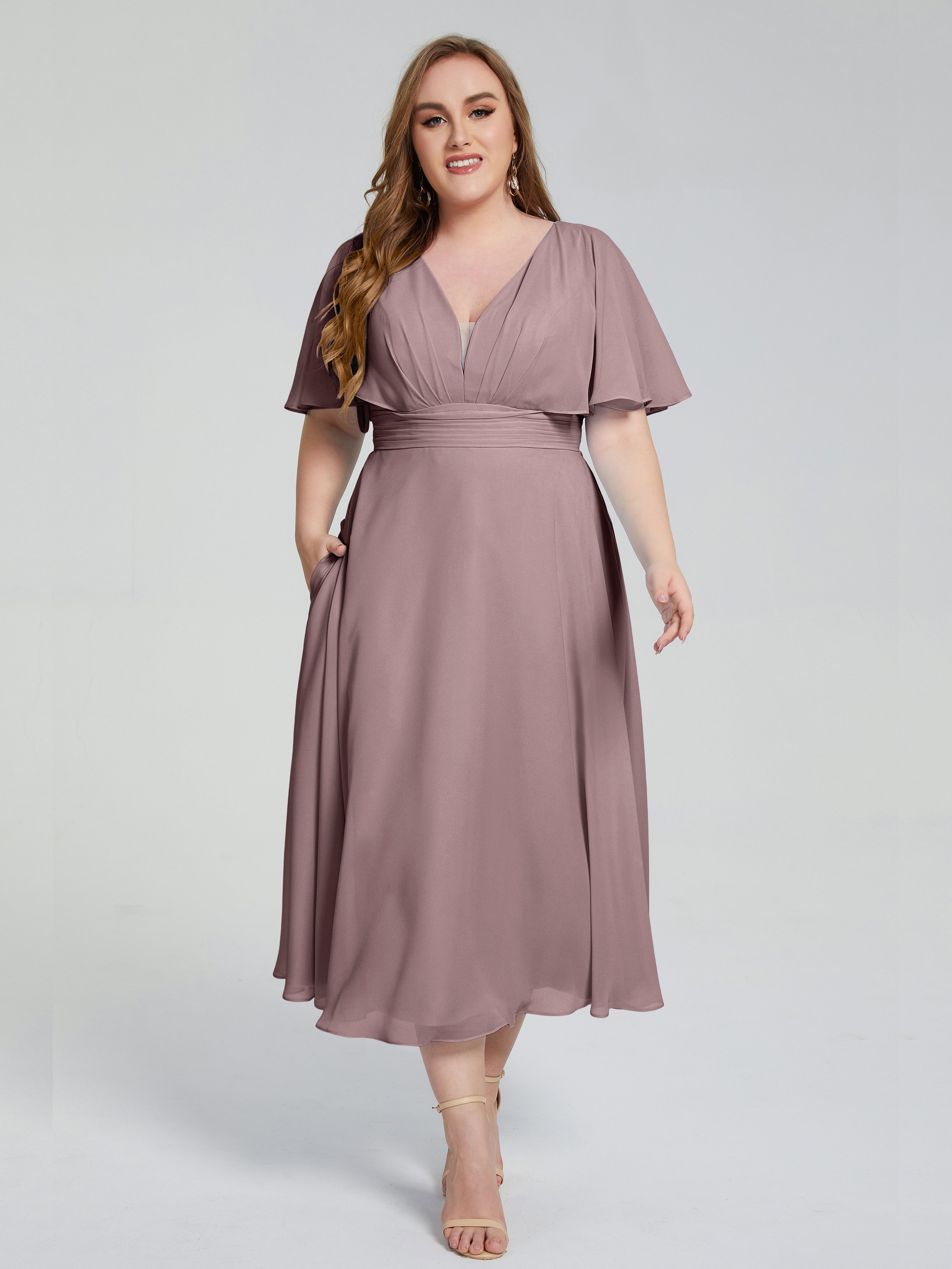 Lucia V-neck Plus Size Bridesmaid Dresses with Sleeves