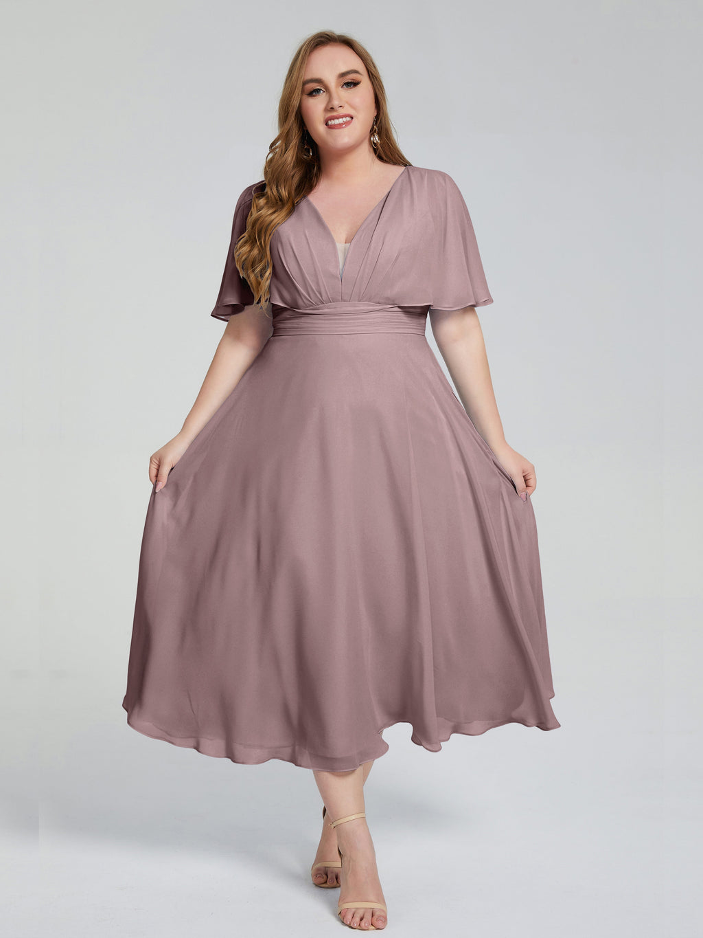 Lucia V-neck Plus Size Bridesmaid Dresses with Sleeves