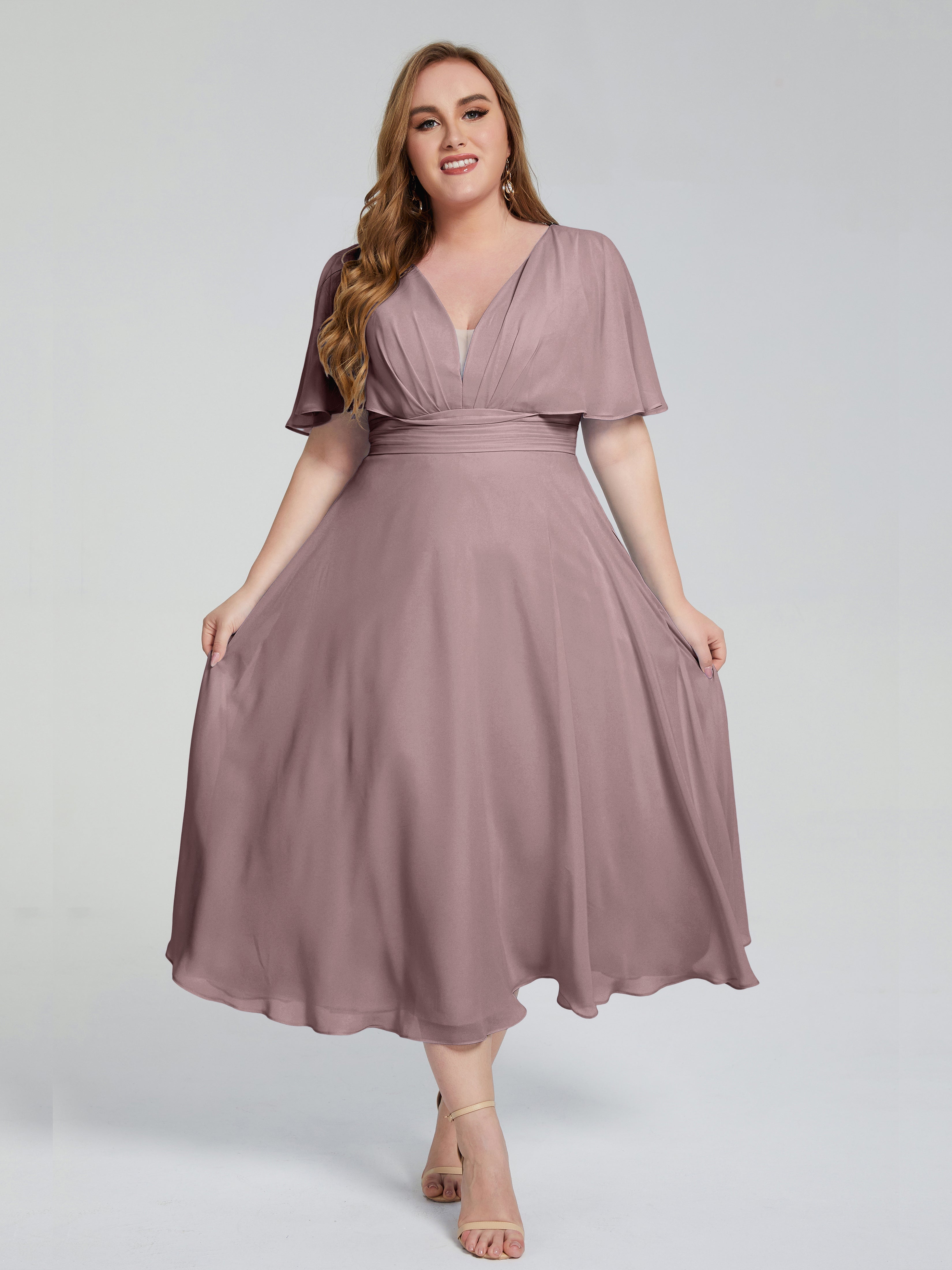 Lucia V-neck Plus Size Bridesmaid Dresses with Sleeves