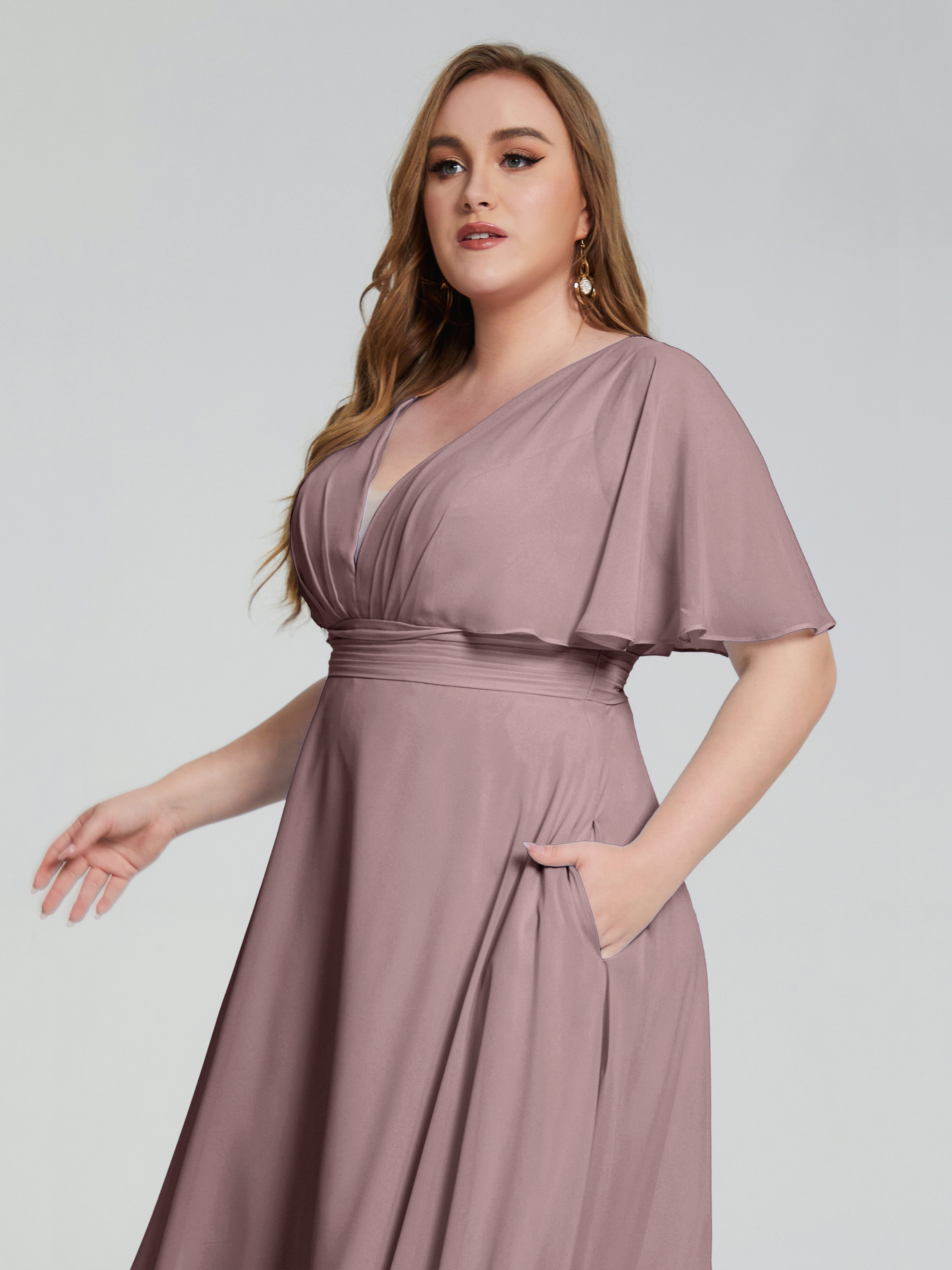 Lucia V-neck Plus Size Bridesmaid Dresses with Sleeves